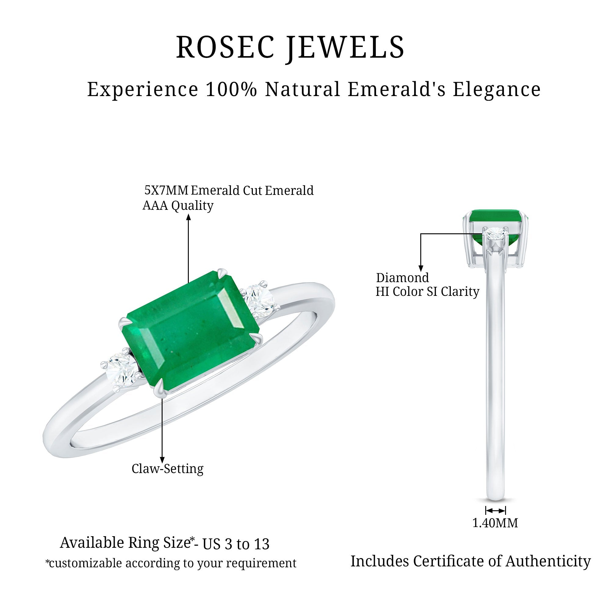 Real Emerald Cut Emerald East West Engagement Ring with Diamond