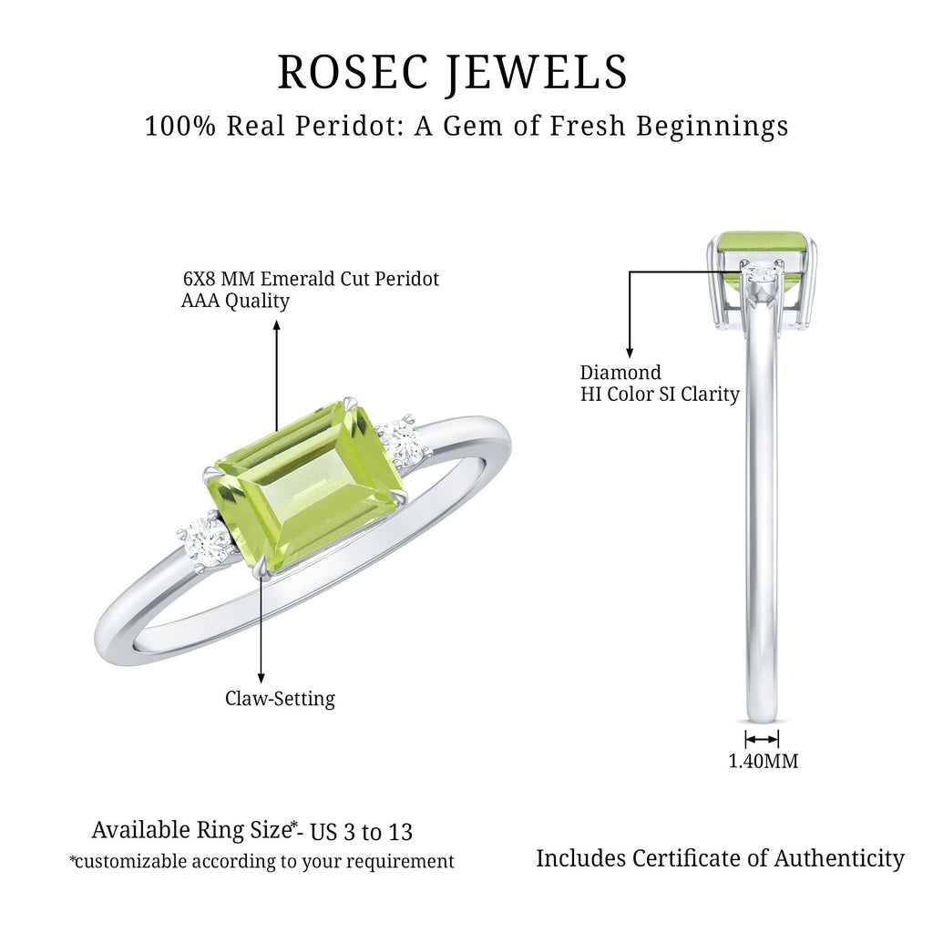 Real 1.8 Carat Peridot Emerald Cut Engagement Ring with Diamond in East West Style