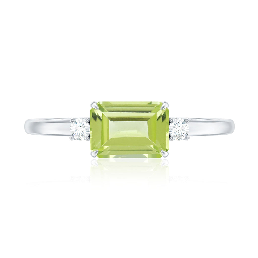Real 1.8 Carat Peridot Emerald Cut Engagement Ring with Diamond in East West Style