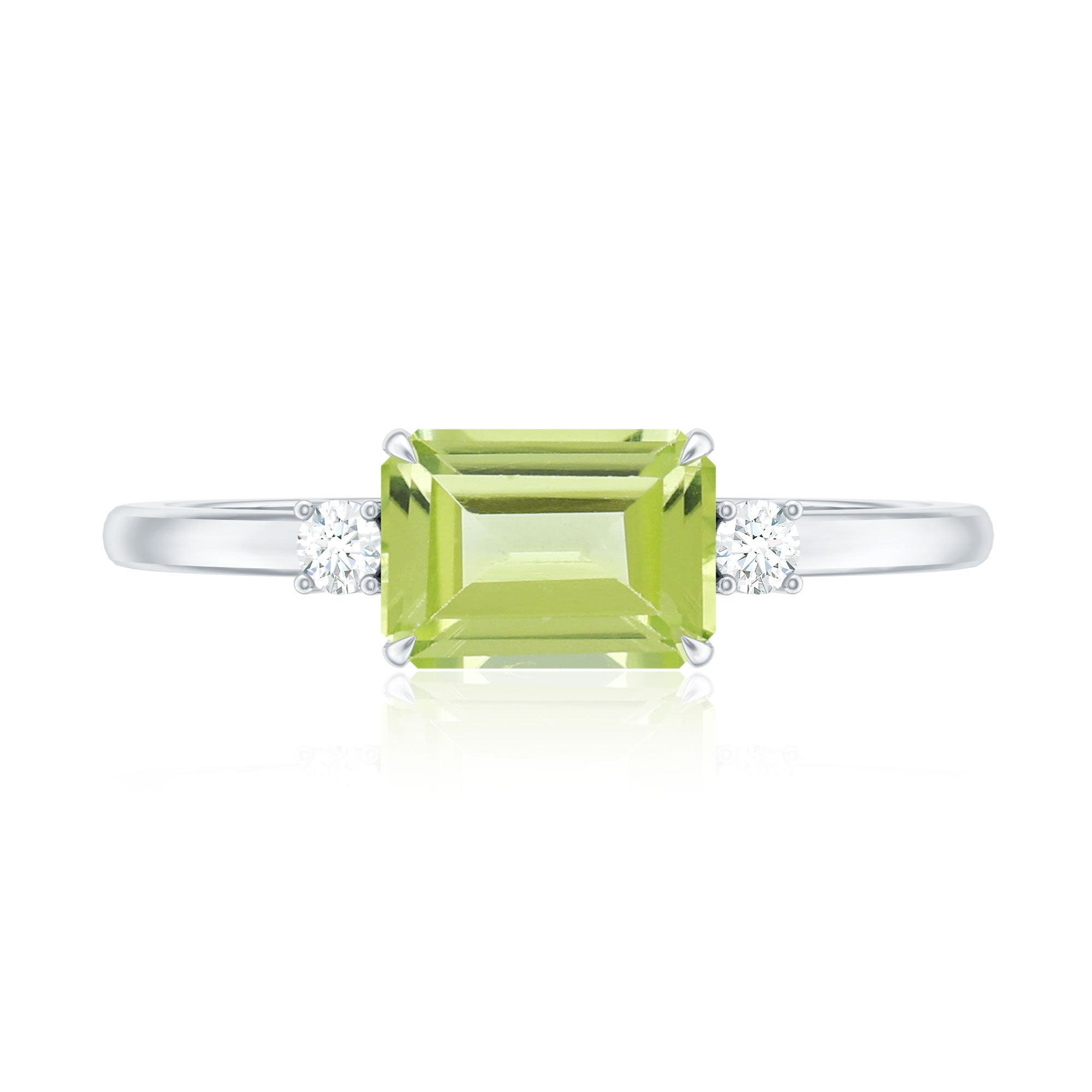 Real 1.8 Carat Peridot Emerald Cut Engagement Ring with Diamond in East West Style