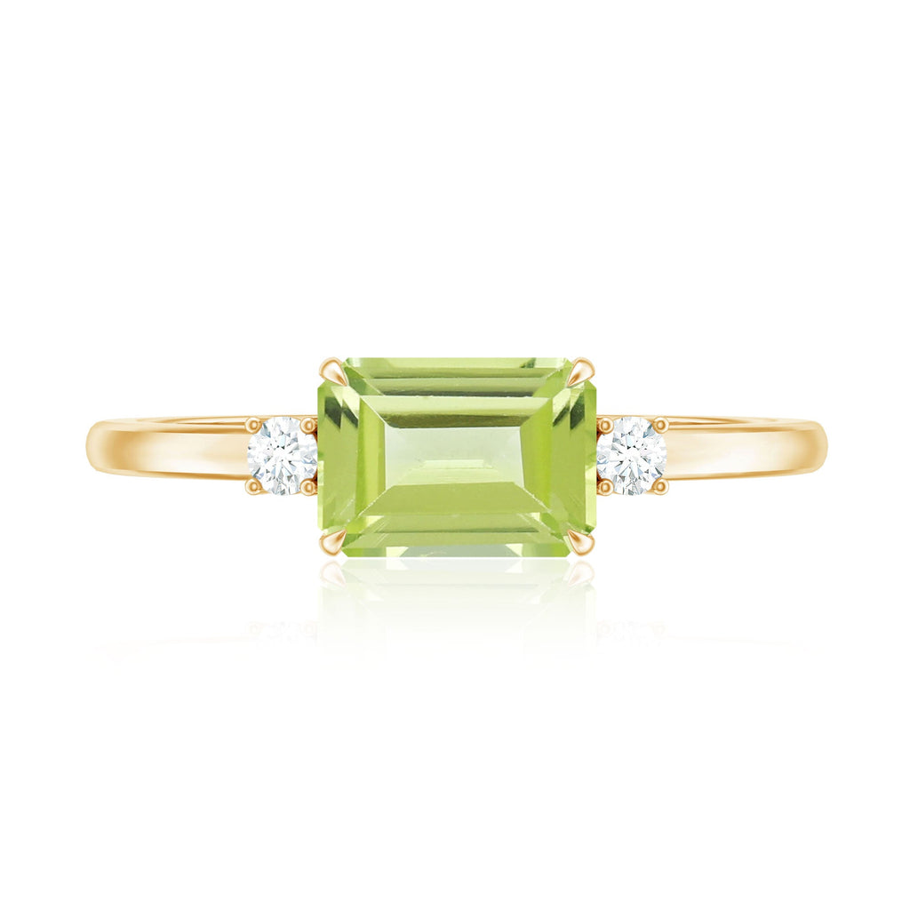 Real 1.8 Carat Peridot Emerald Cut Engagement Ring with Diamond in East West Style