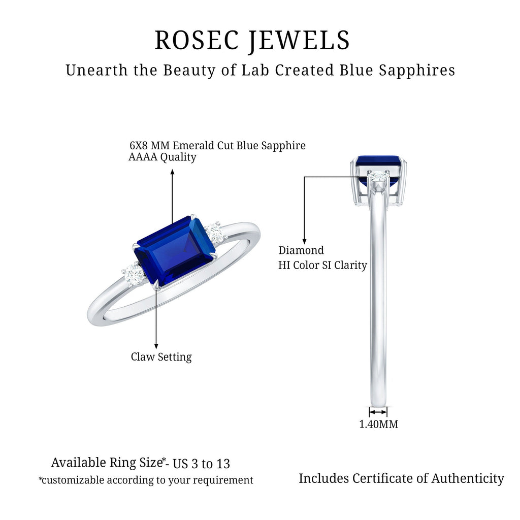 Octagon Cut Created Blue Sapphire East West Engagement Ring with Diamond