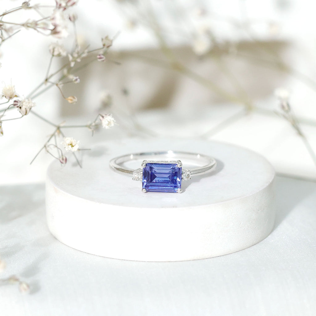 Octagon Cut Created Blue Sapphire East West Engagement Ring with Diamond