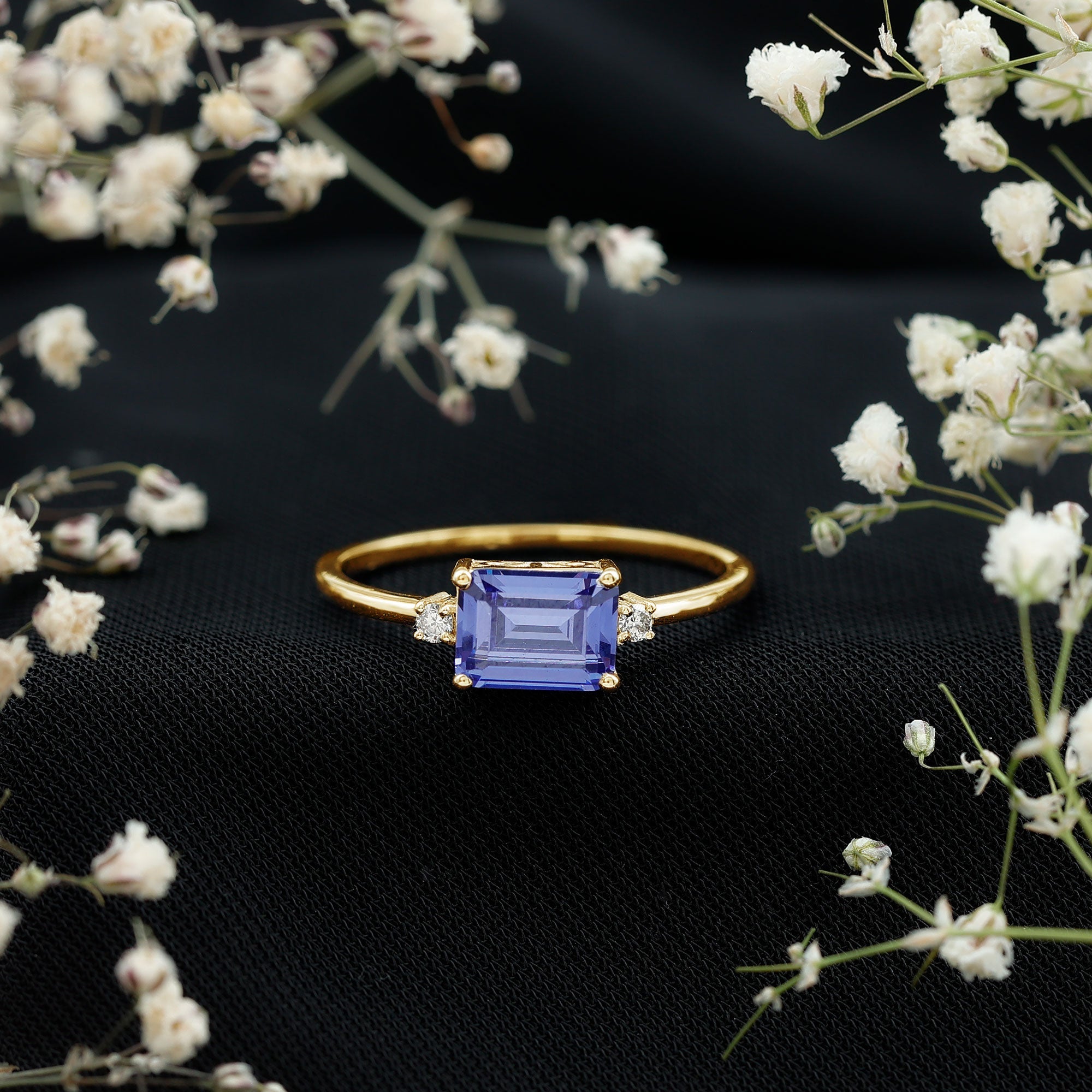 Octagon Cut Created Blue Sapphire East West Engagement Ring with Diamond
