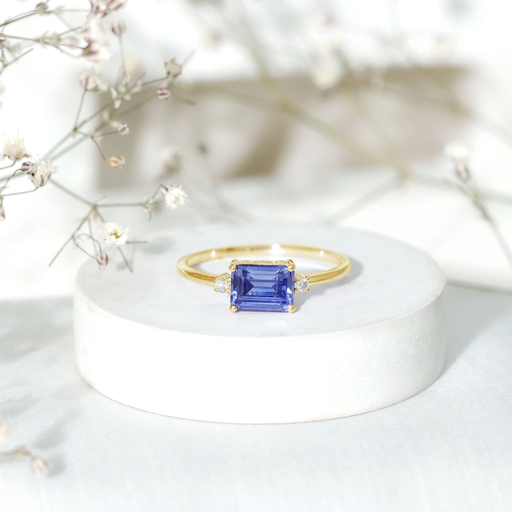 Octagon Cut Created Blue Sapphire East West Engagement Ring with Diamond