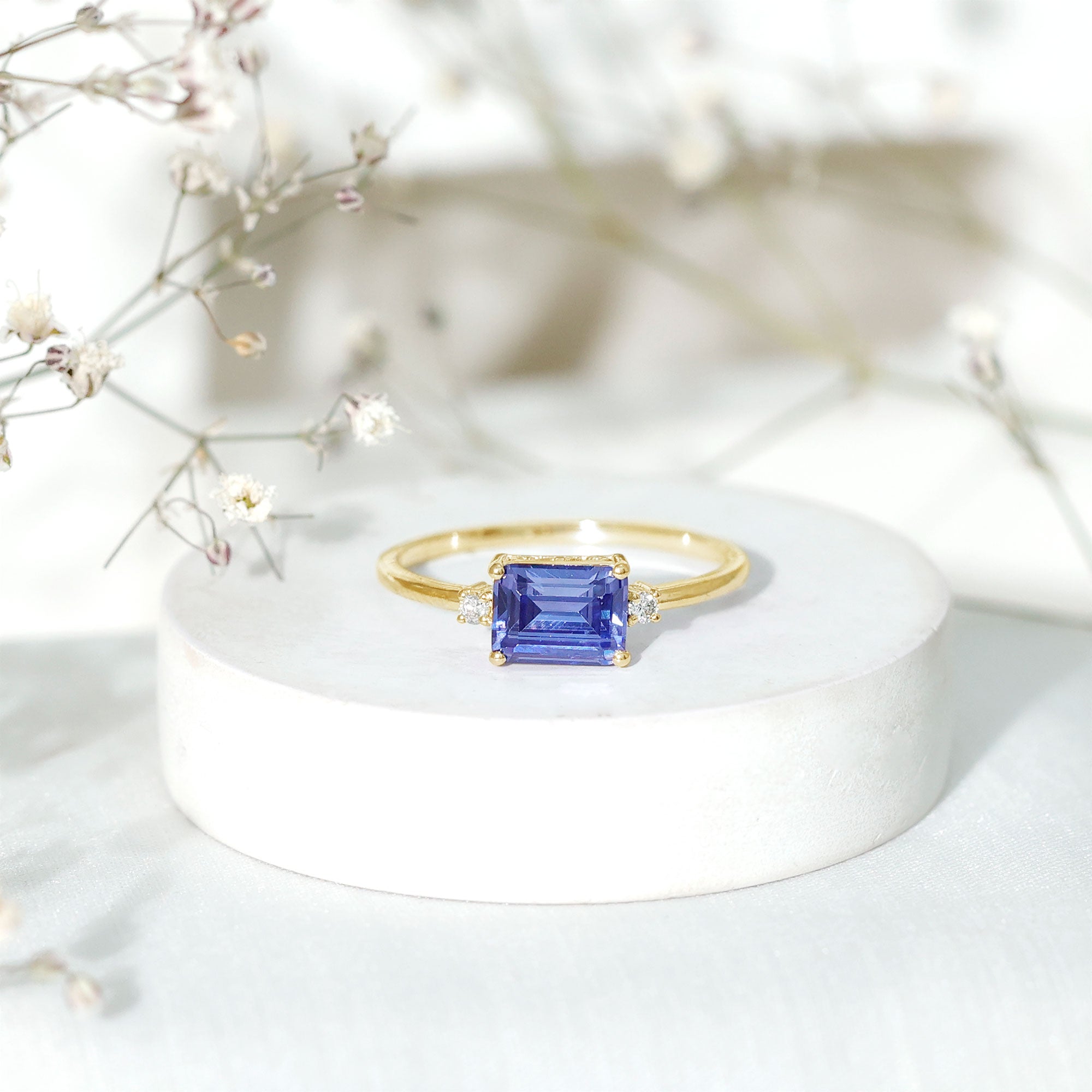 Octagon Cut Created Blue Sapphire East West Engagement Ring with Diamond