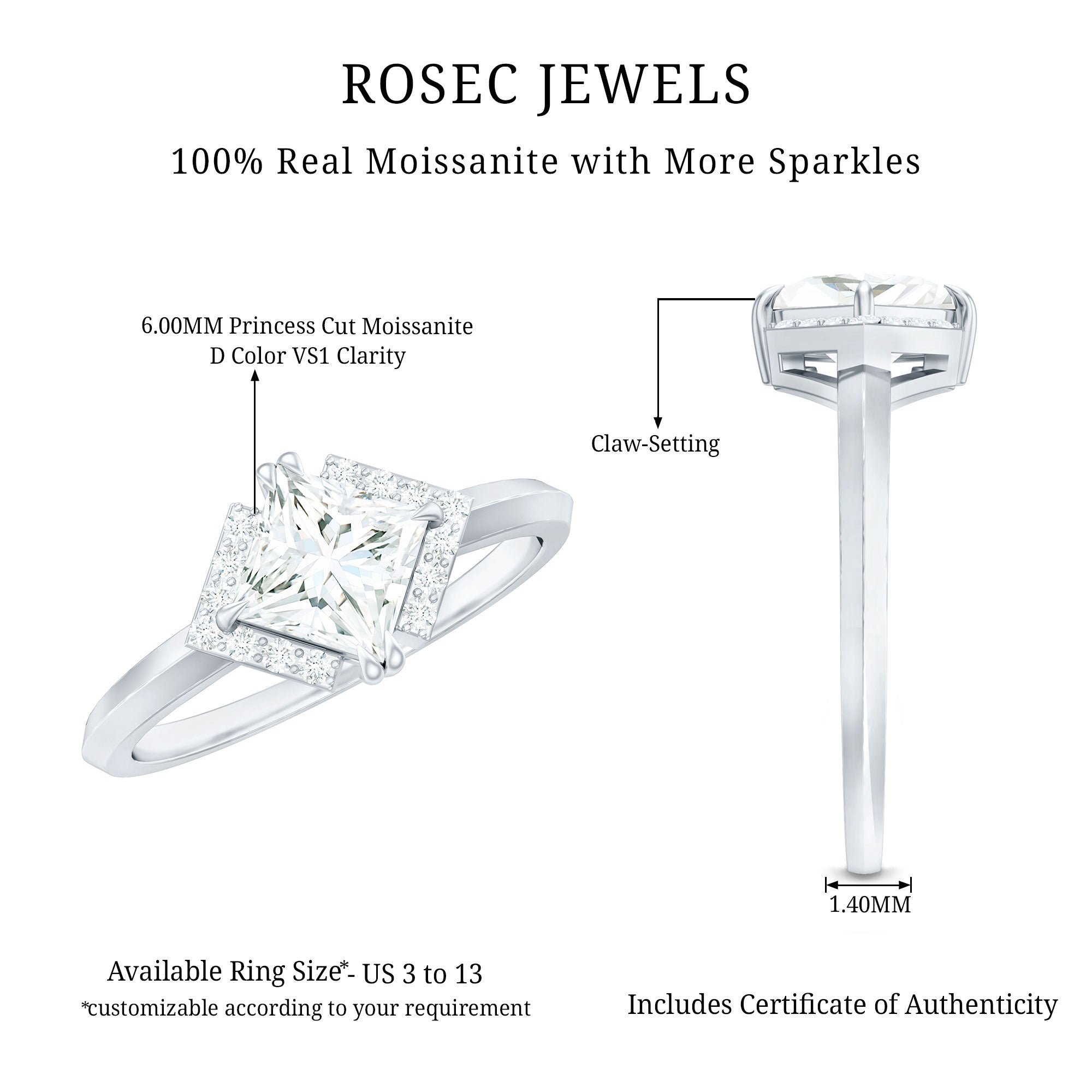 Princess Cut Certified Moissanite Halo Engagement Ring