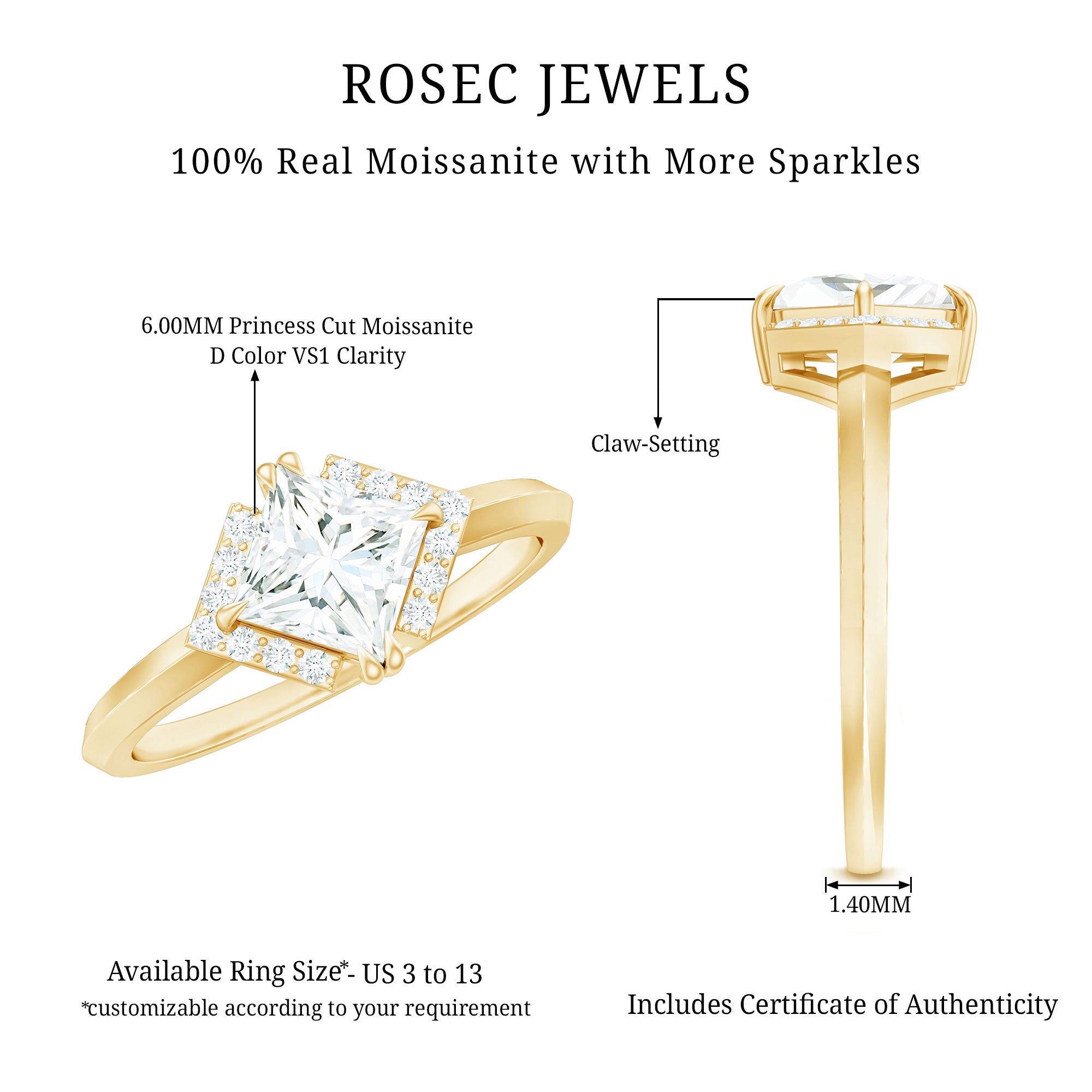 Princess Cut Certified Moissanite Halo Engagement Ring