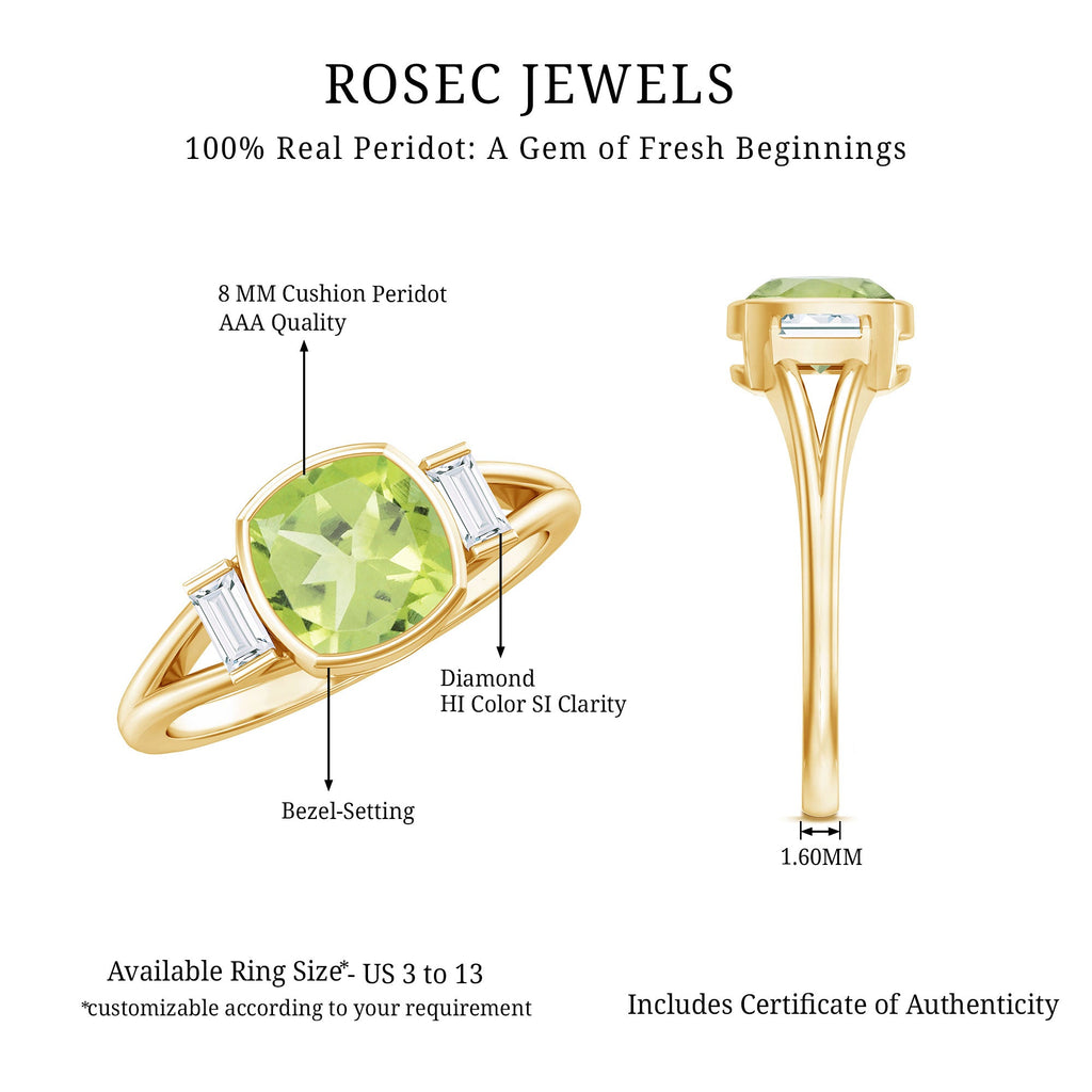 Natural 2 Carat Peridot Cushion Cut Engagement Ring with Diamond
