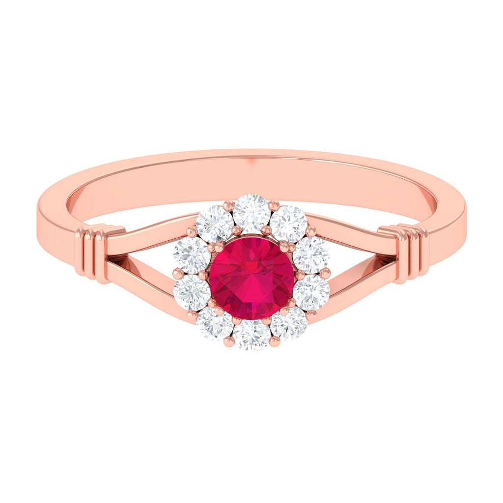 Minimal Ruby Diamond Halo Engagement Ring with Split Shank
