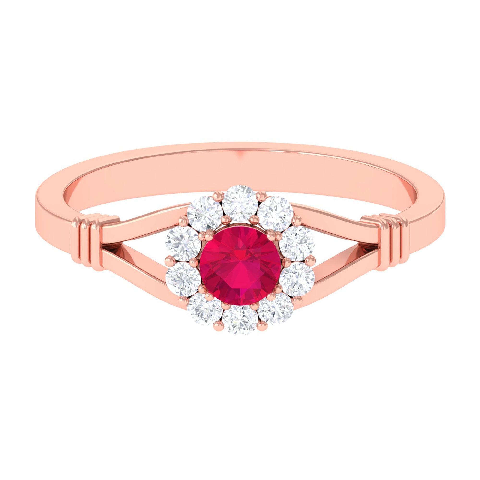 Minimal Ruby Diamond Halo Engagement Ring with Split Shank