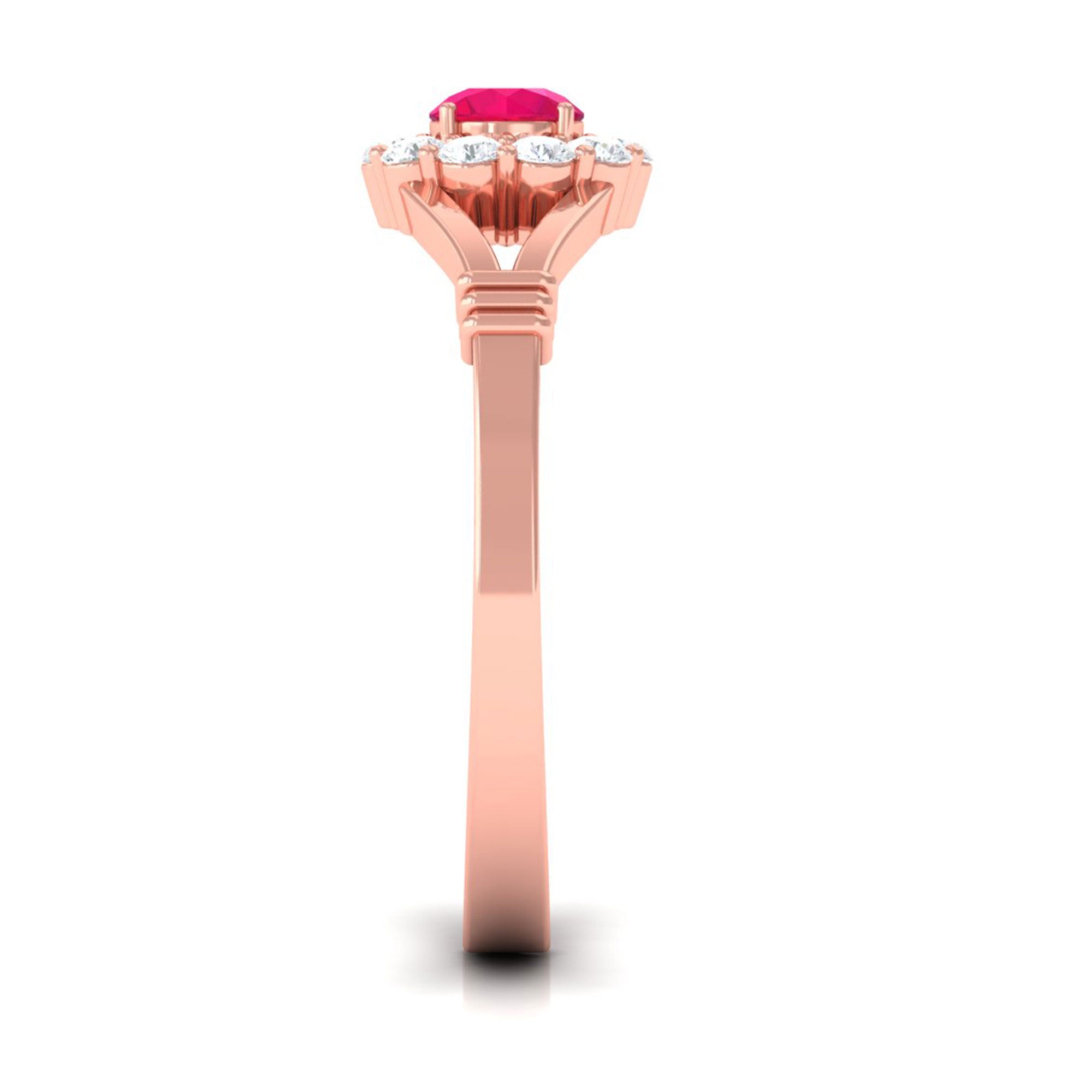 Minimal Ruby Diamond Halo Engagement Ring with Split Shank