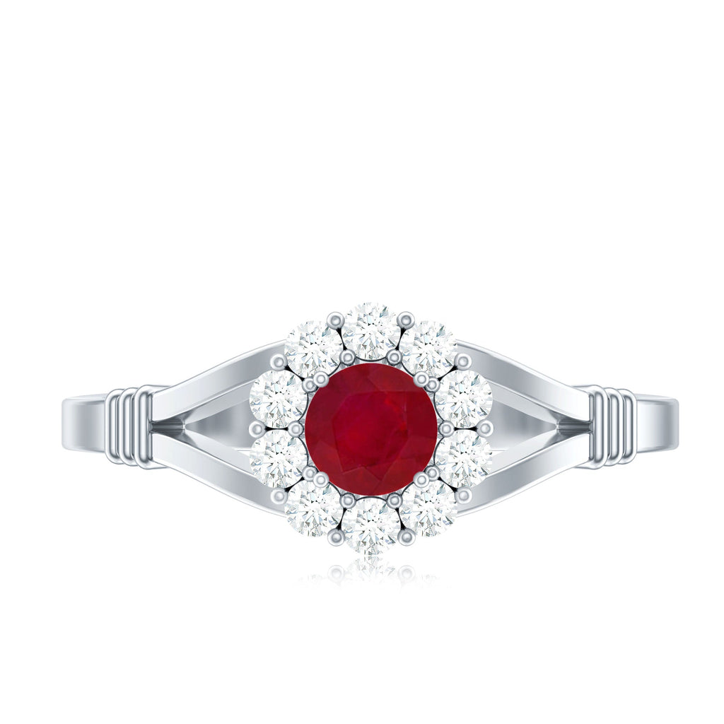 Minimal Ruby Diamond Halo Engagement Ring with Split Shank