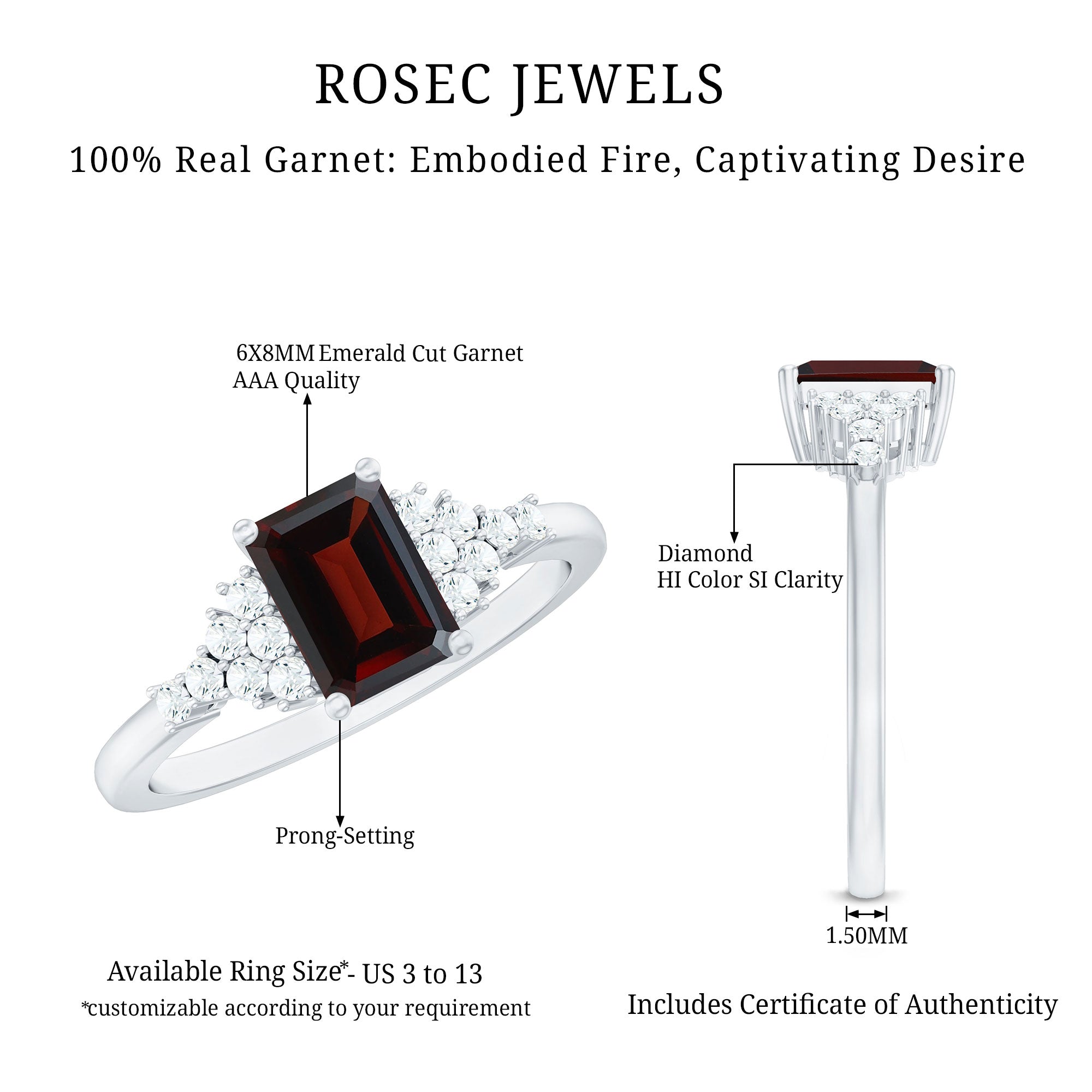 Natural Red Garnet Emerald Cut Engagement Ring with Diamond