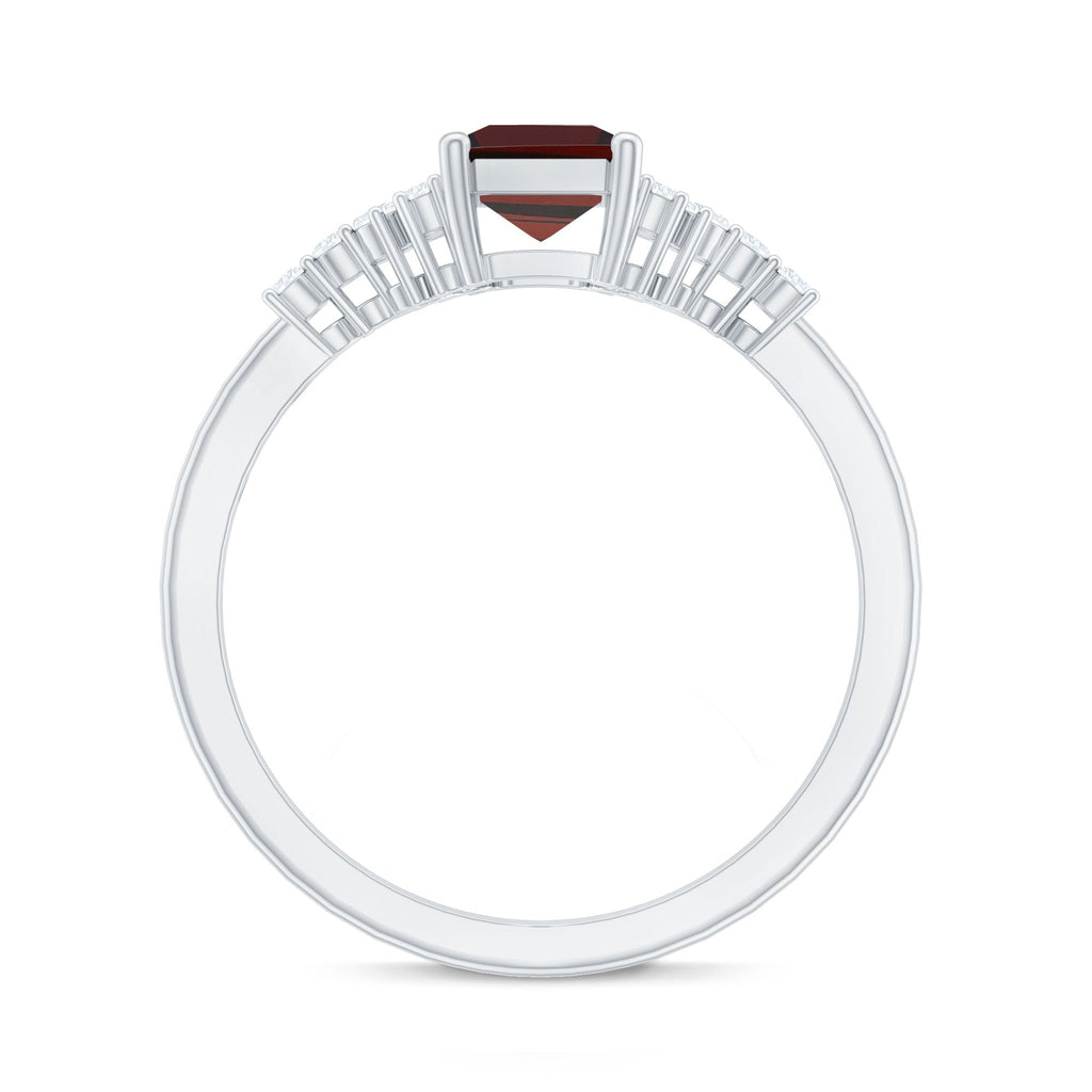 Natural Red Garnet Emerald Cut Engagement Ring with Diamond