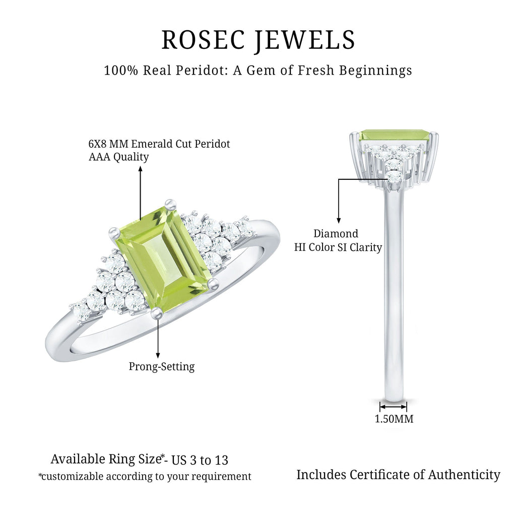 Natural 1.8 Carat Peridot Emerald Cut Engagement Ring with Diamond Side Stones