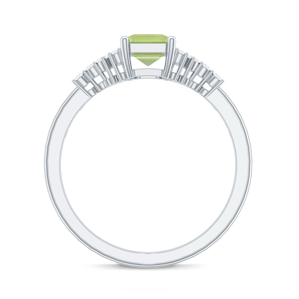 Natural 1.8 Carat Peridot Emerald Cut Engagement Ring with Diamond Side Stones