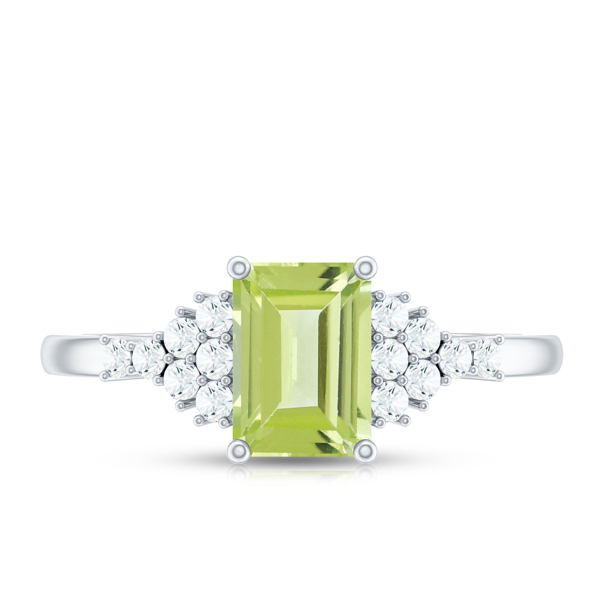 Natural 1.8 Carat Peridot Emerald Cut Engagement Ring with Diamond Side Stones