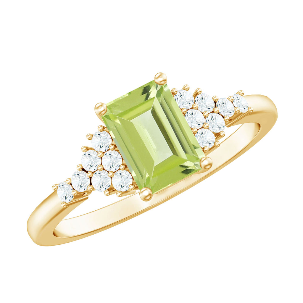 Natural 1.8 Carat Peridot Emerald Cut Engagement Ring with Diamond Side Stones