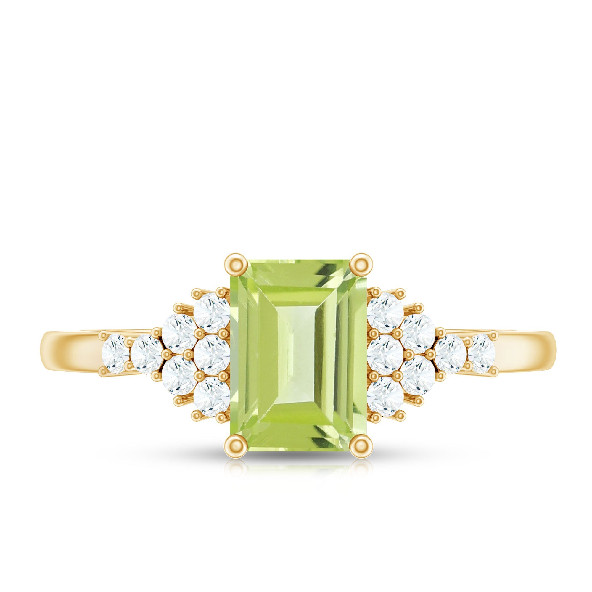 Natural 1.8 Carat Peridot Emerald Cut Engagement Ring with Diamond Side Stones