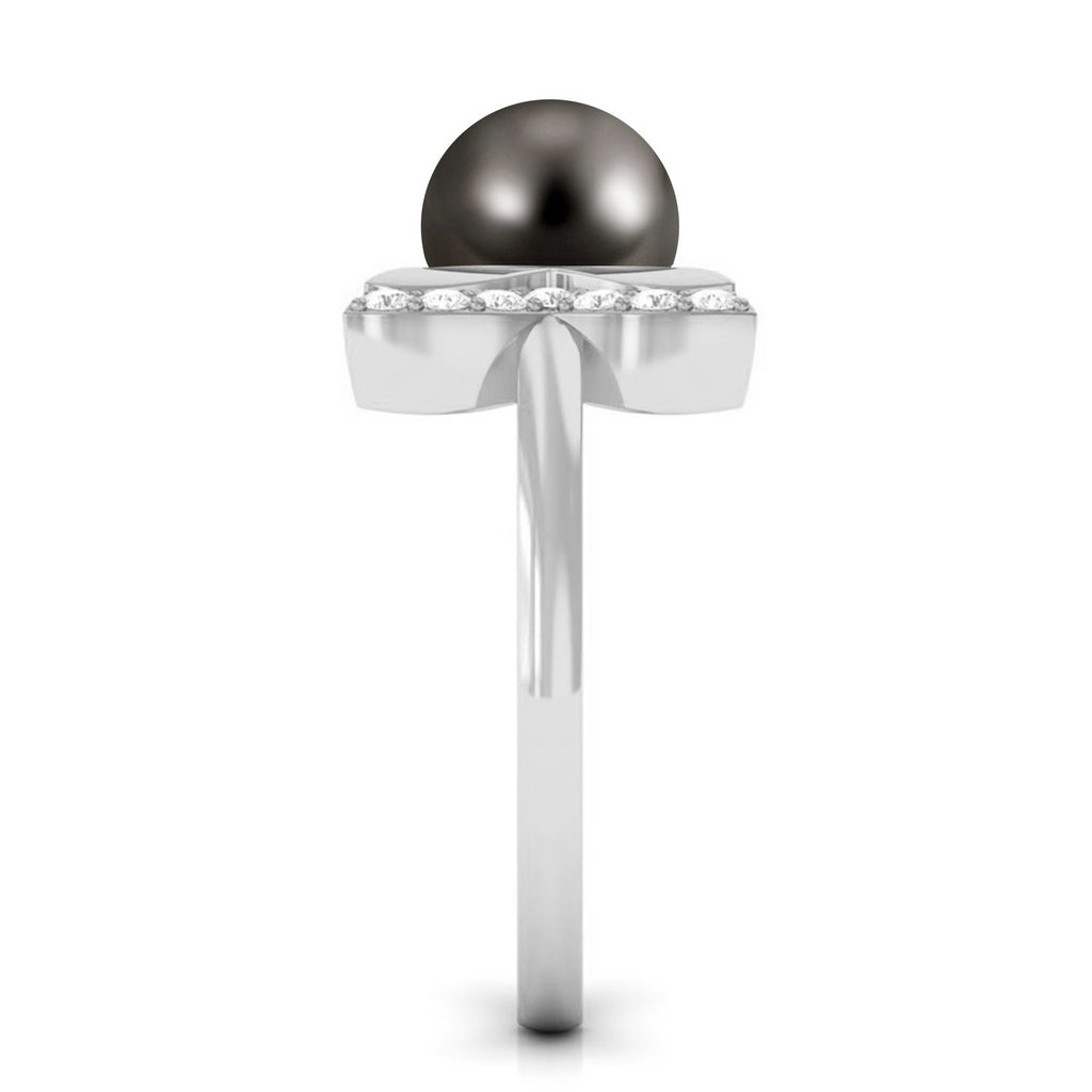 Round Tahitian Pearl Solitaire Cuff Engagement Ring with Diamond