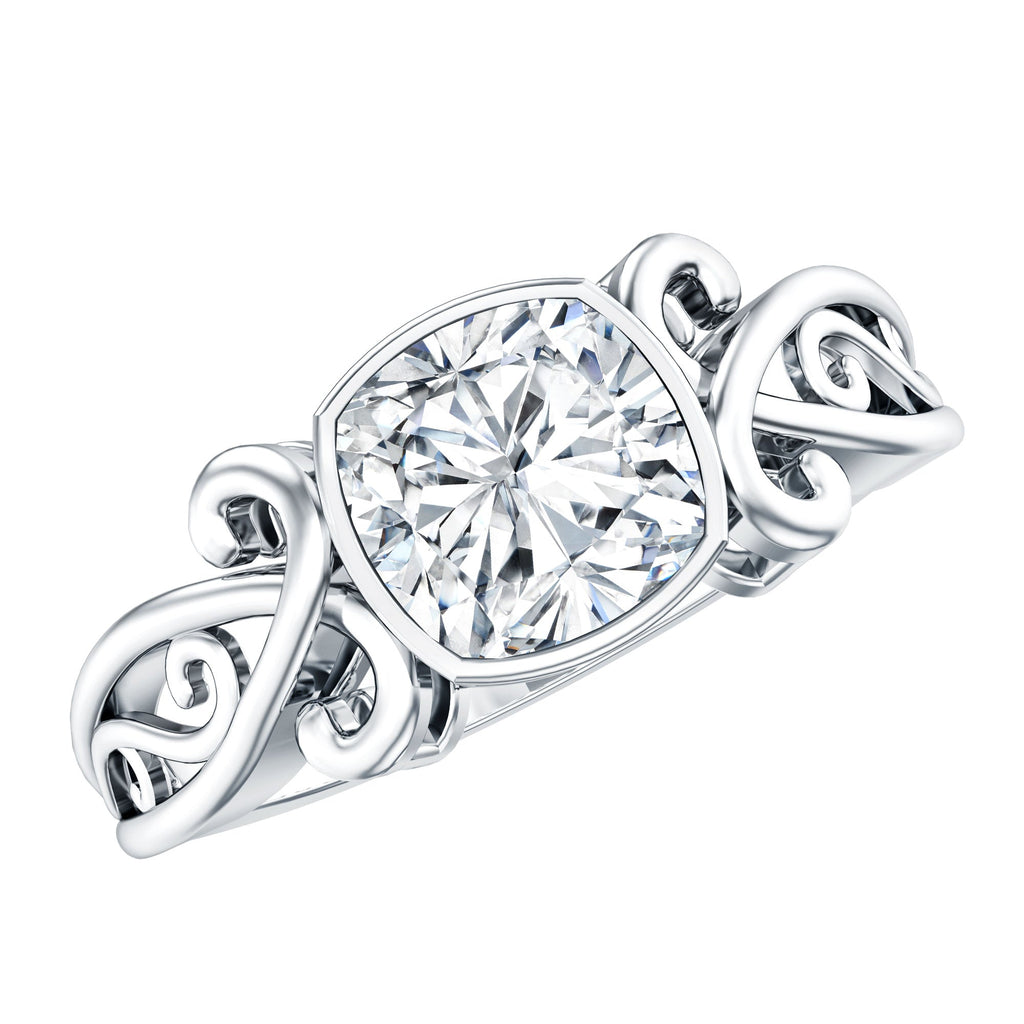 Vintage Style Cushion Moissanite Solitaire Ring in Bezel Setting
