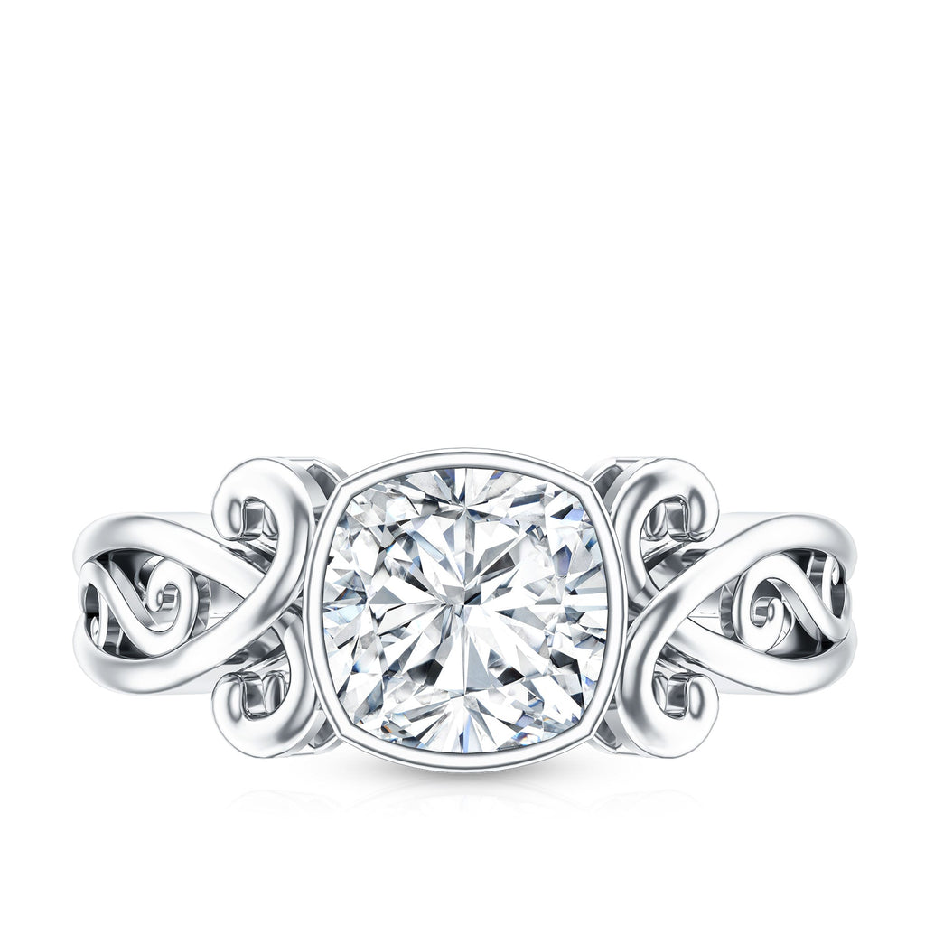 Vintage Style Cushion Moissanite Solitaire Ring in Bezel Setting