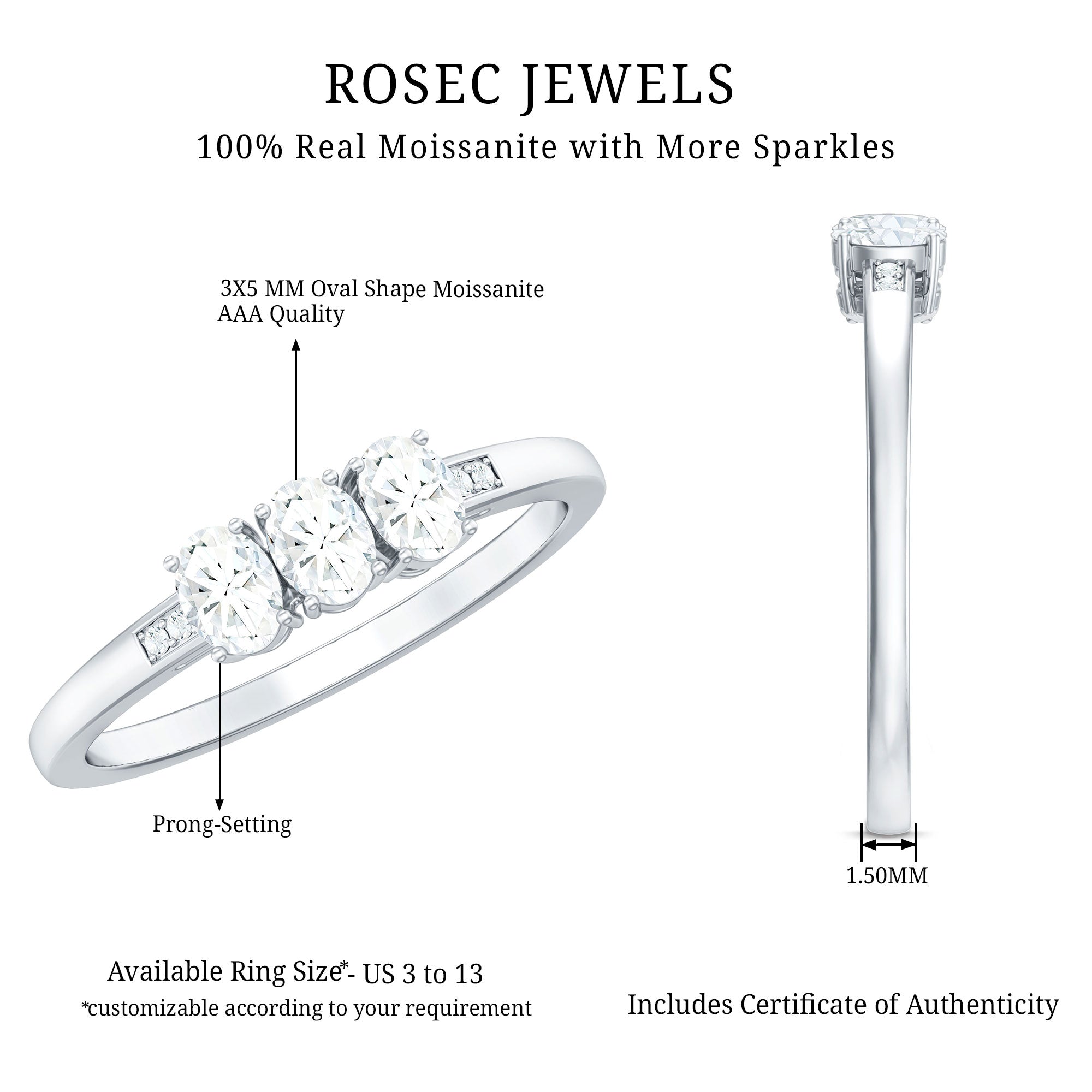 Oval Shaped Moissanite Three Stone Ring for Women