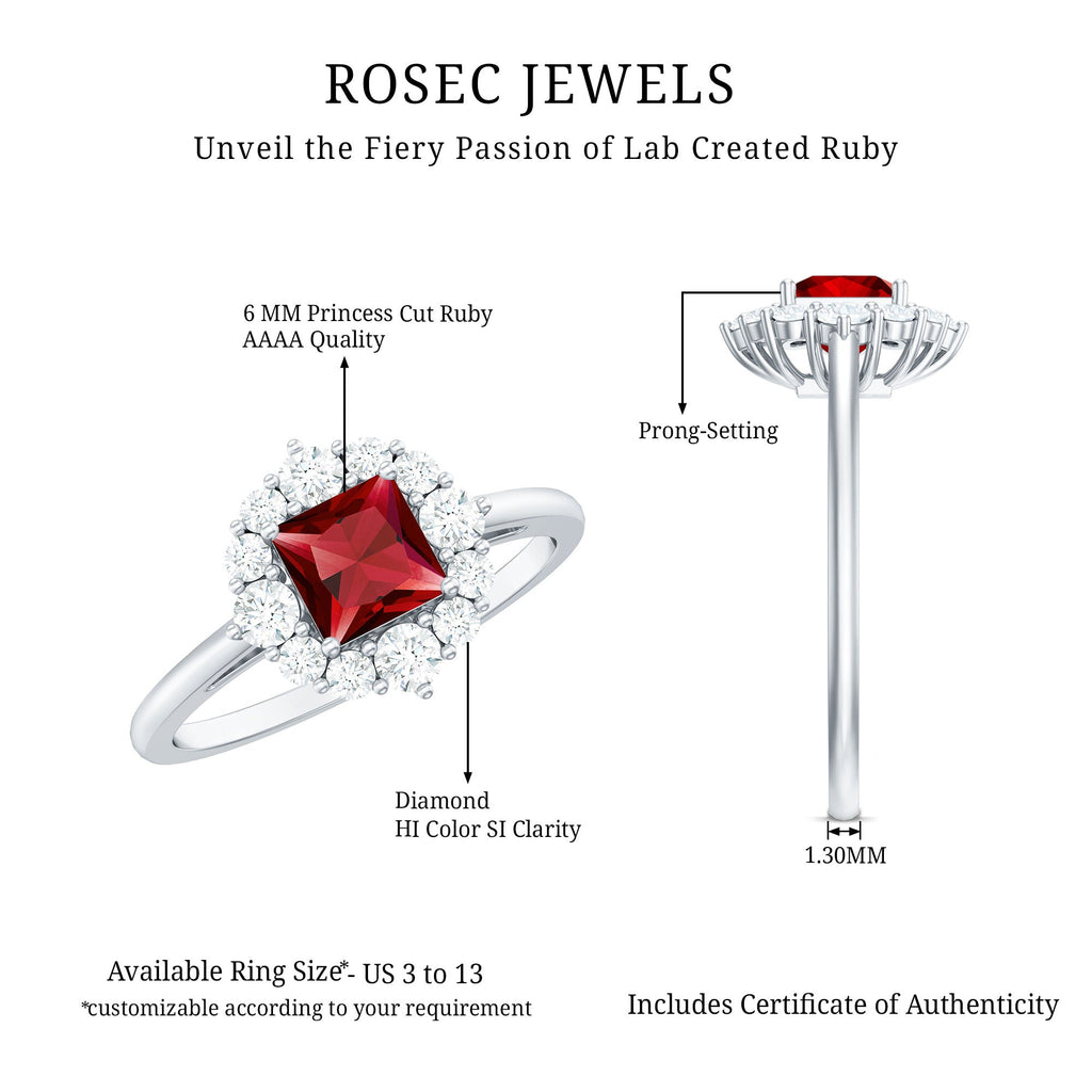 Certified Lab Grown Ruby Princess Cut Engagement Ring with Diamond Halo