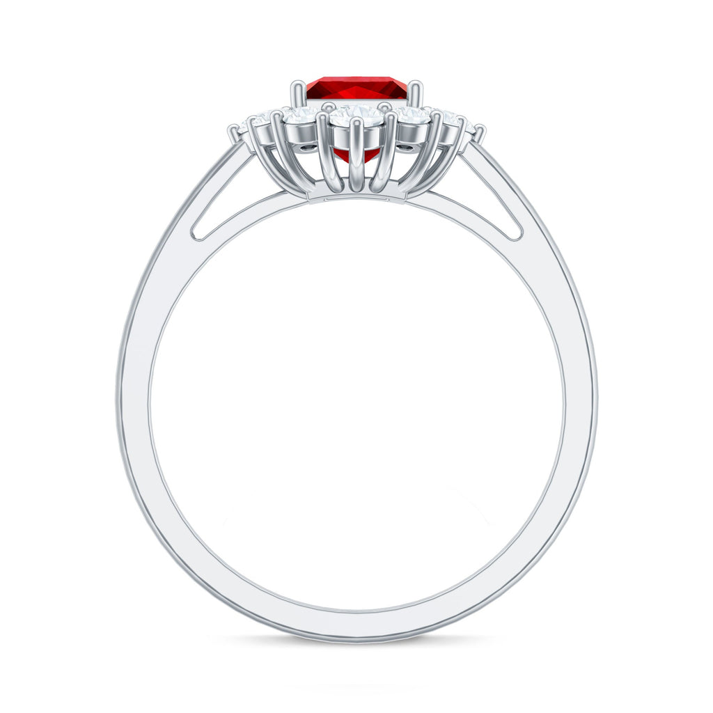Certified Lab Grown Ruby Princess Cut Engagement Ring with Diamond Halo