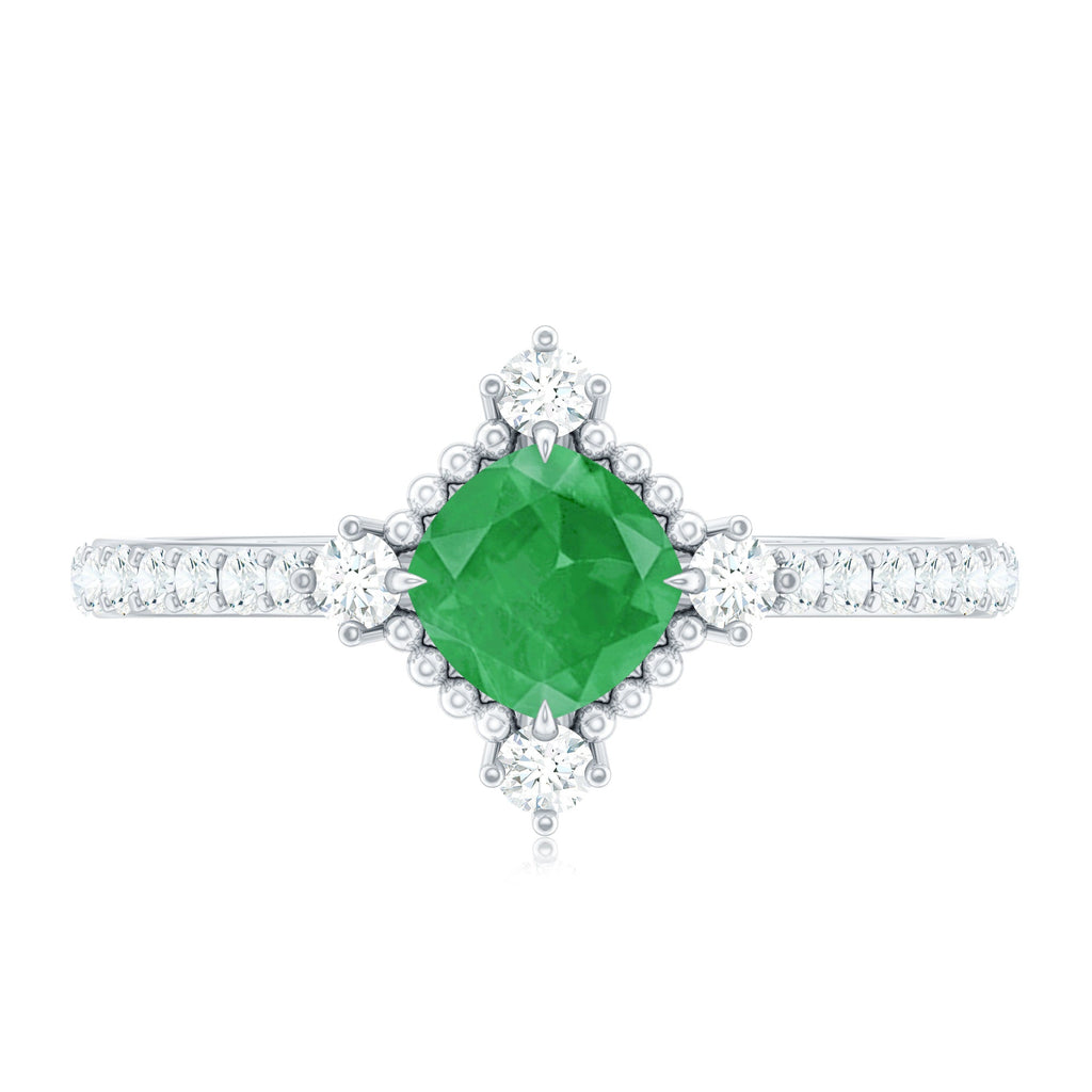 Antique Looking Real Emerald Cushion Cut Engagement Ring with Diamond