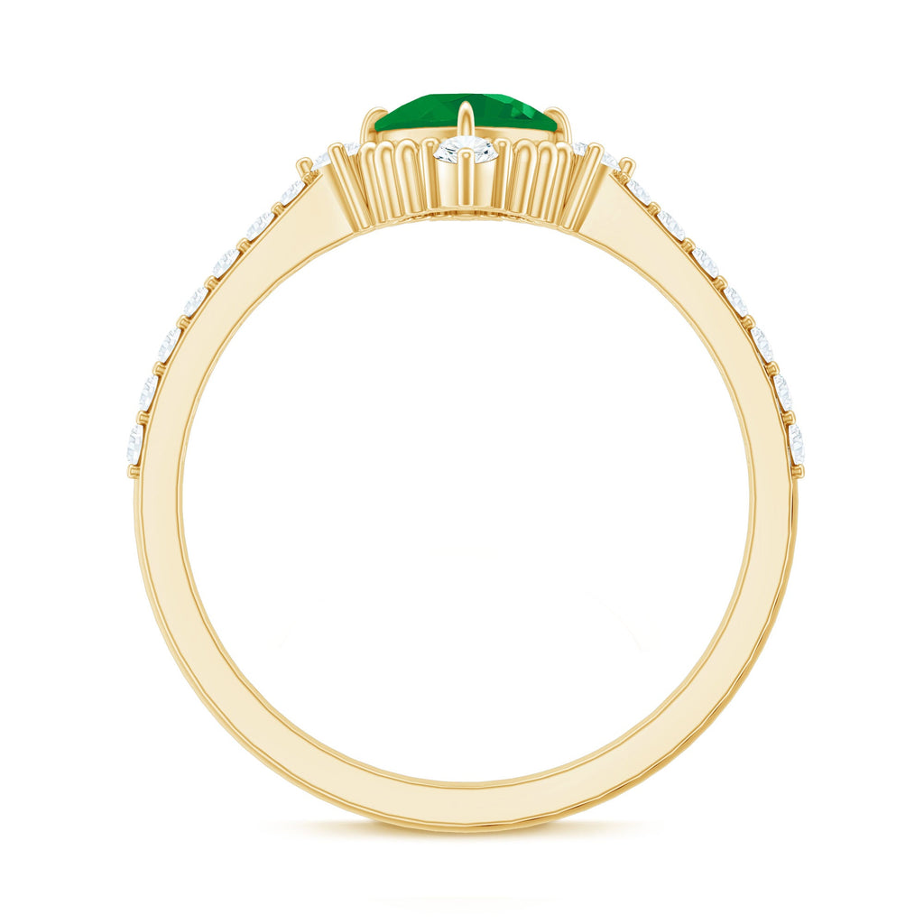 Antique Looking Real Emerald Cushion Cut Engagement Ring with Diamond