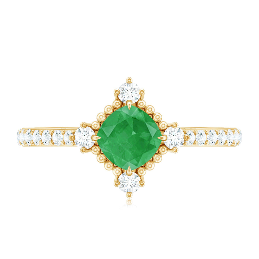 Antique Looking Real Emerald Cushion Cut Engagement Ring with Diamond