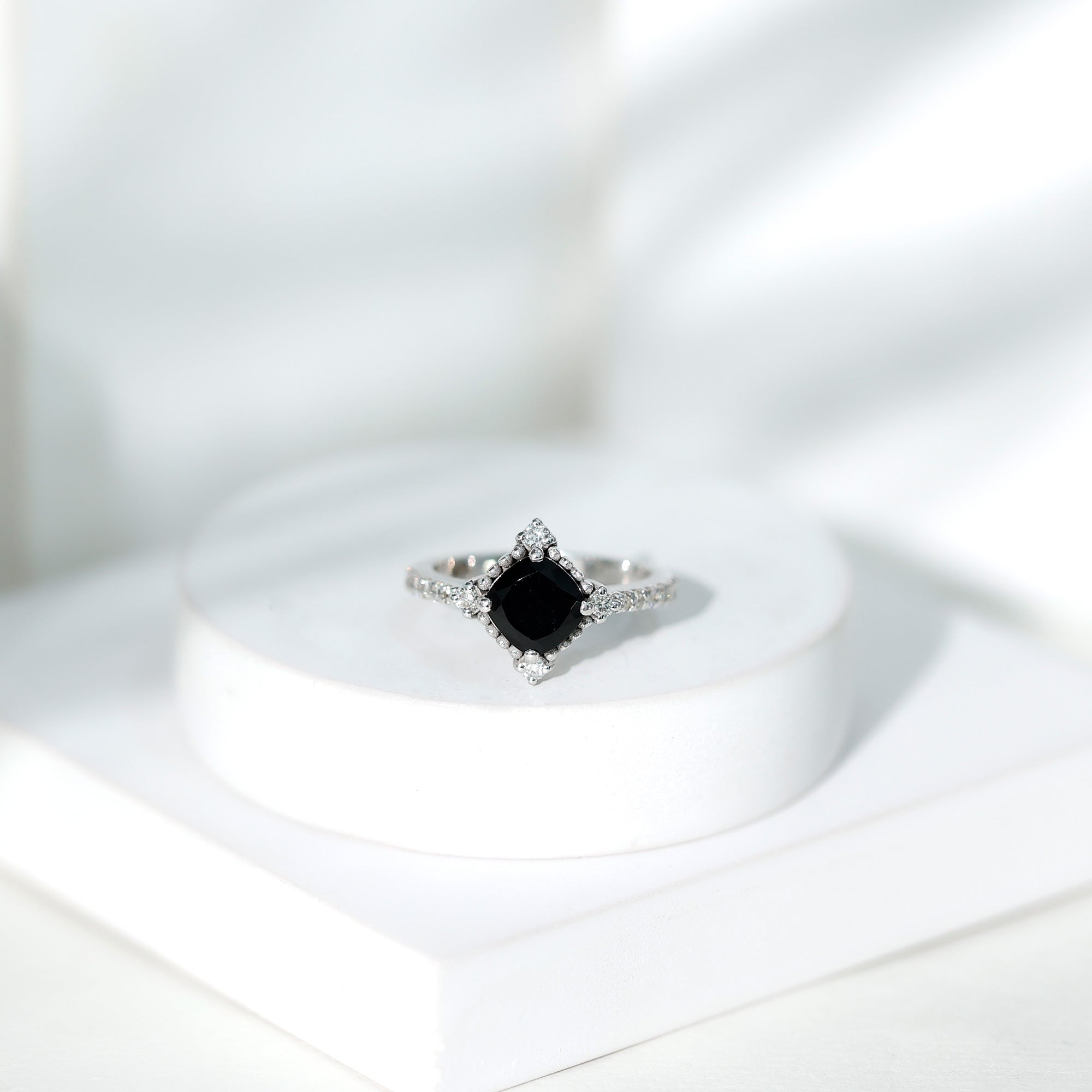 2 Carat Vintage Style Black Spinel Engagement Ring with Diamonds