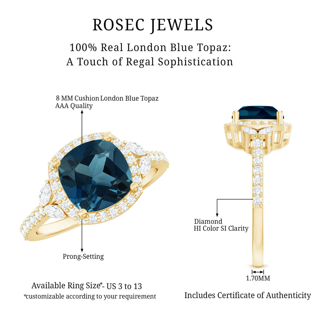 Certified Cushion Cut London Blue Topaz and Diamond Engagement Ring