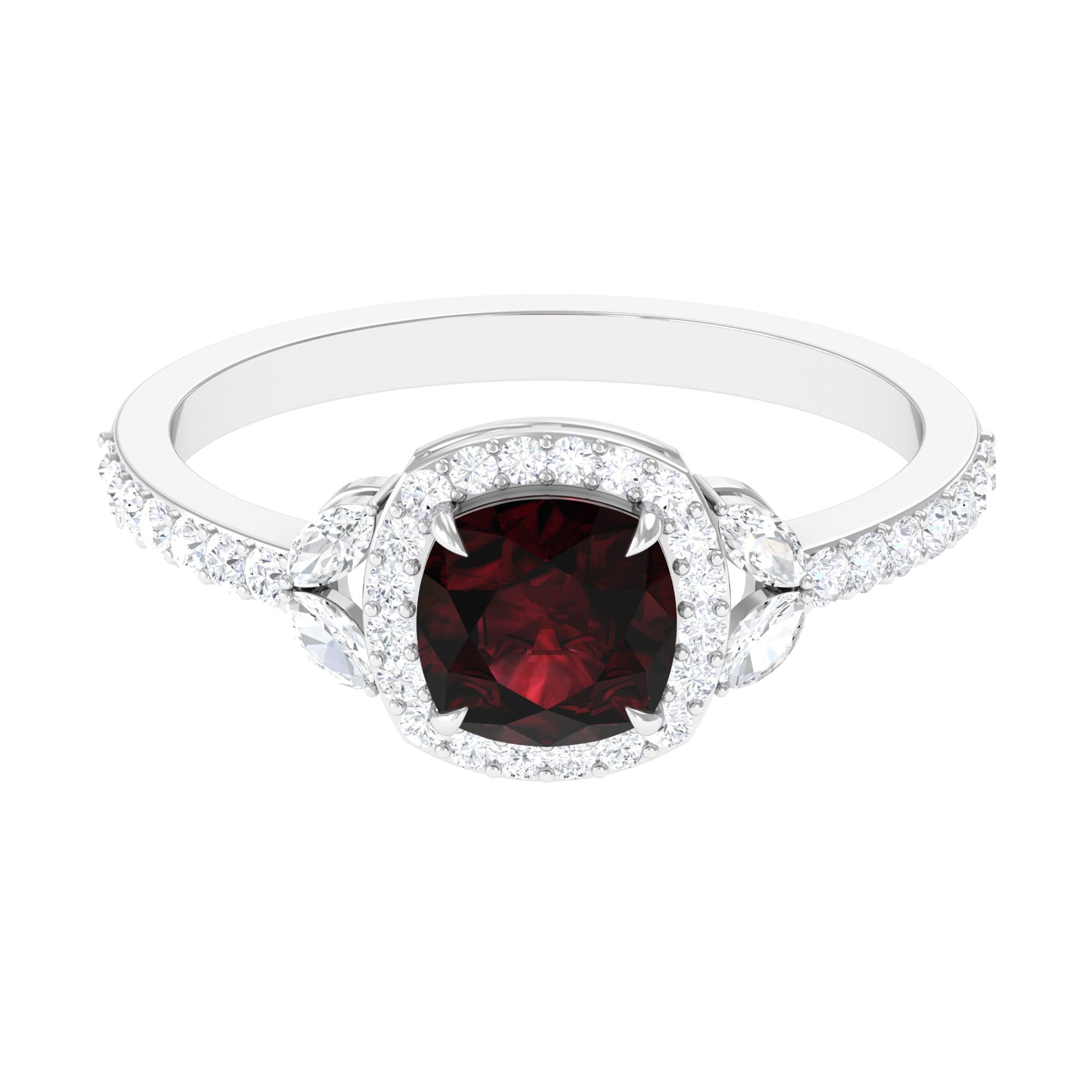 Natural Garnet Cushion Cut Engagement Ring with Diamond Halo