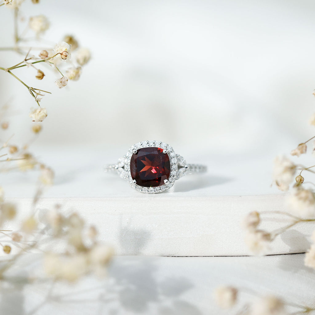 Natural Garnet Cushion Cut Engagement Ring with Diamond Halo