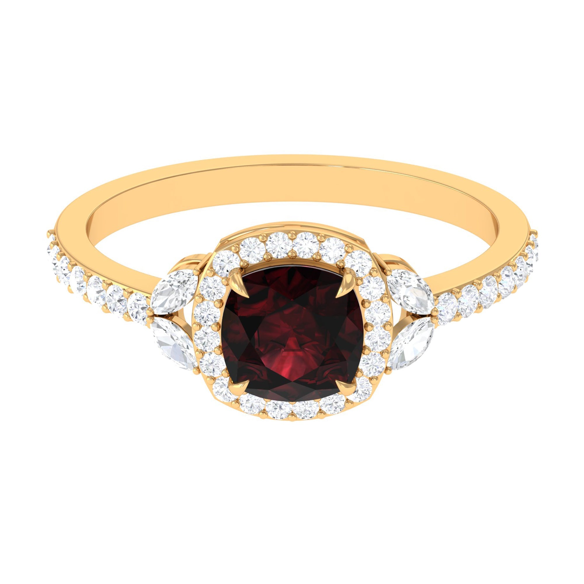 Natural Garnet Cushion Cut Engagement Ring with Diamond Halo