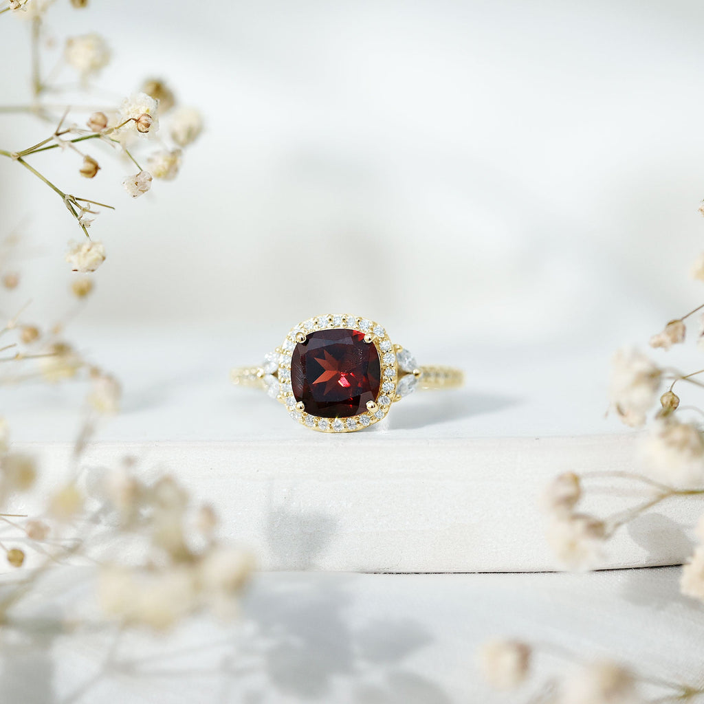 Natural Garnet Cushion Cut Engagement Ring with Diamond Halo