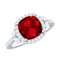 Certified Cushion Cut Lab Ruby and Diamond Halo Engagement Ring