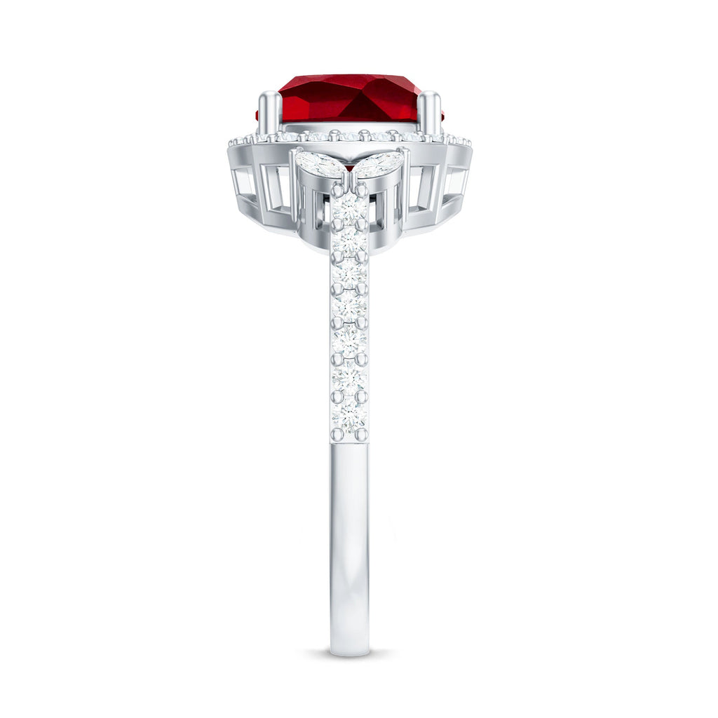 Certified Cushion Cut Lab Ruby and Diamond Halo Engagement Ring