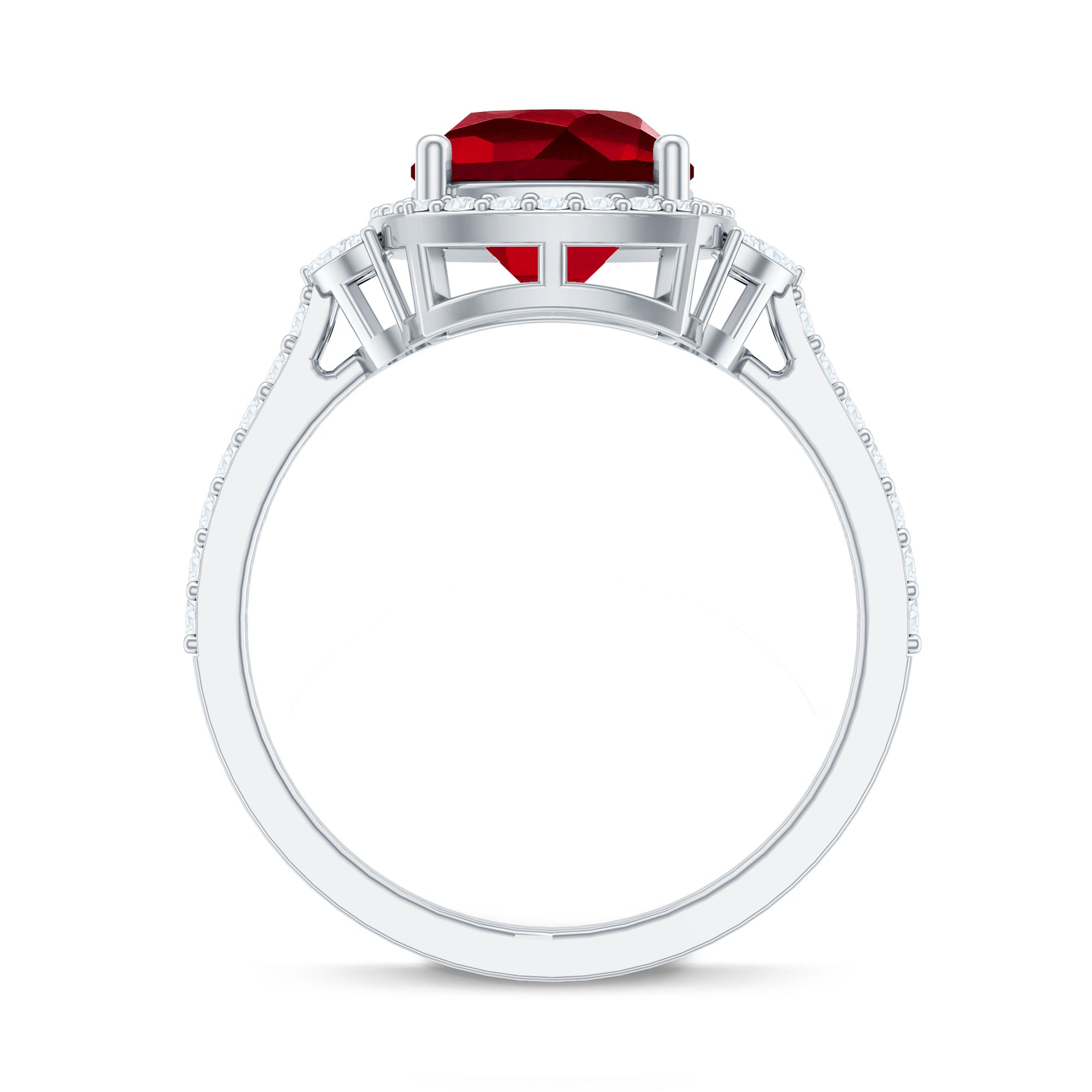 Certified Cushion Cut Lab Ruby and Diamond Halo Engagement Ring