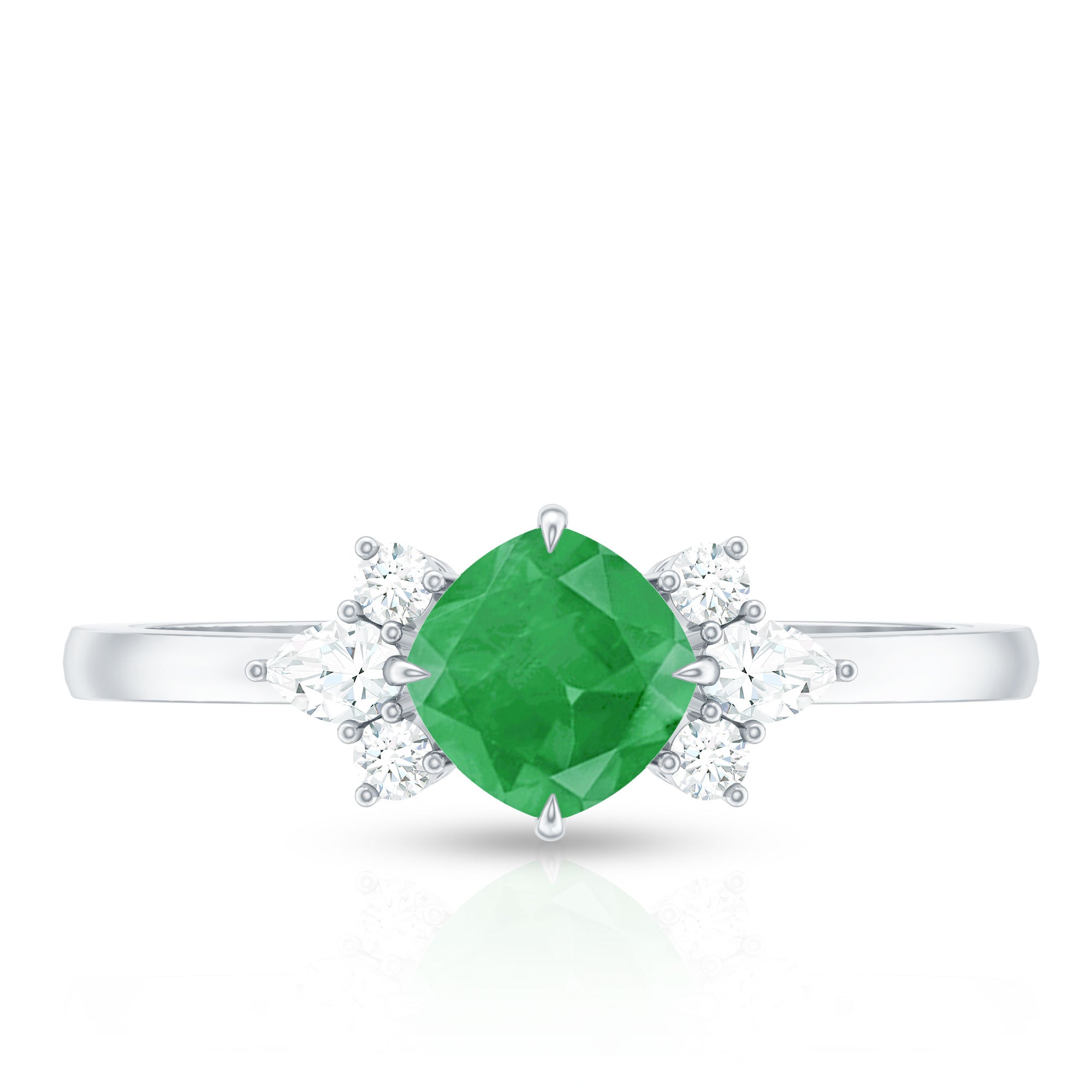 Certified Real Cushion Cut Emerald Engagement Ring with Diamond Trio
