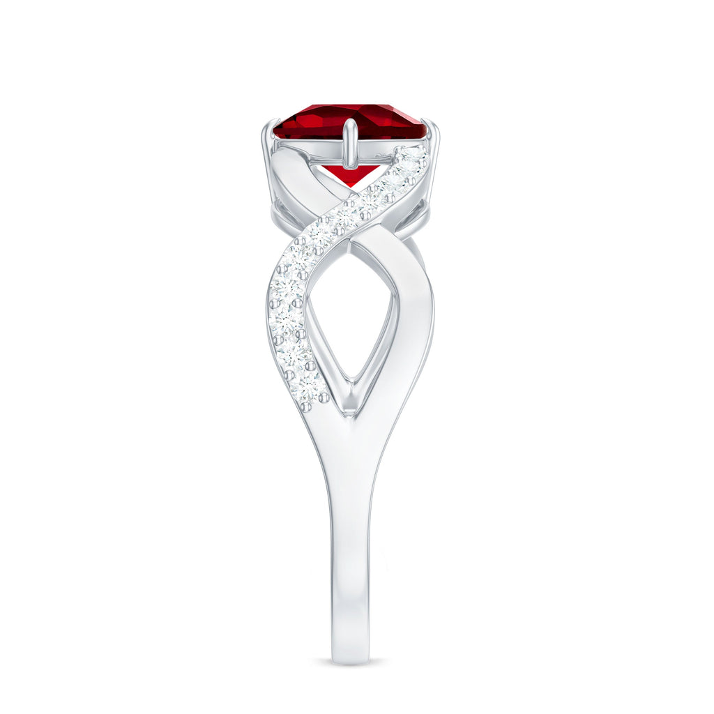 Cushion Cut Lab Grown Ruby and Diamond Crossover Engagement Ring