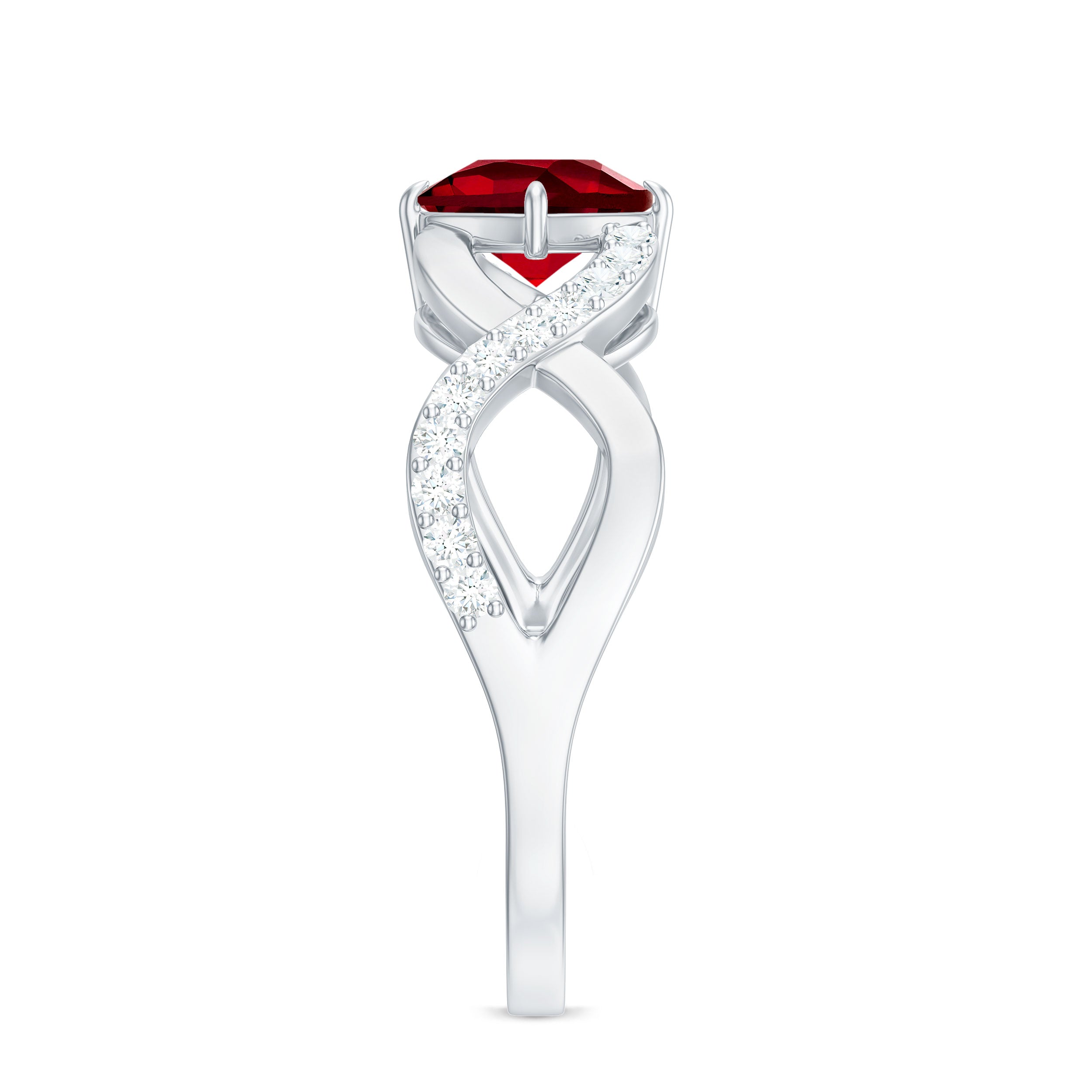 Cushion Cut Lab Grown Ruby and Diamond Crossover Engagement Ring