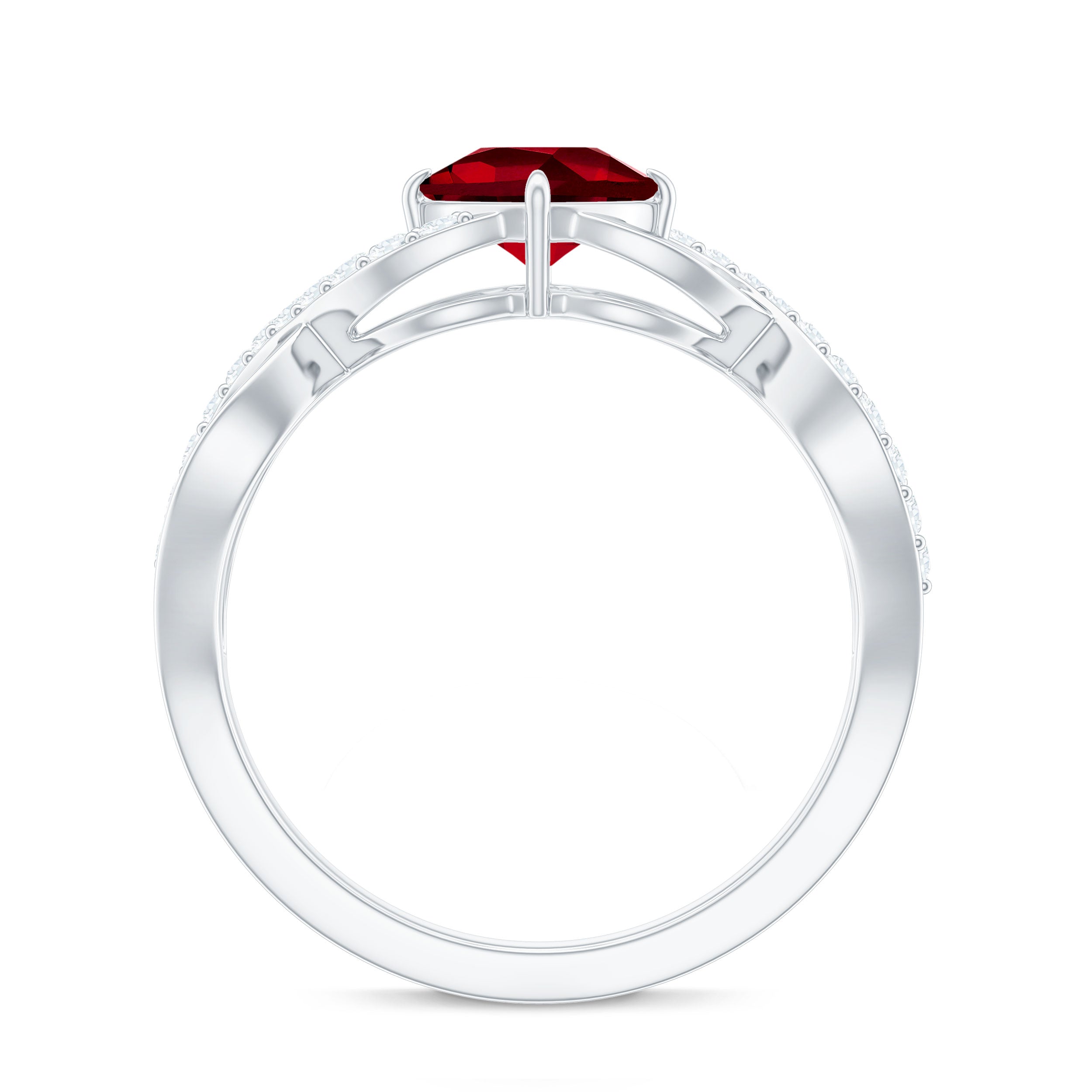Cushion Cut Lab Grown Ruby and Diamond Crossover Engagement Ring