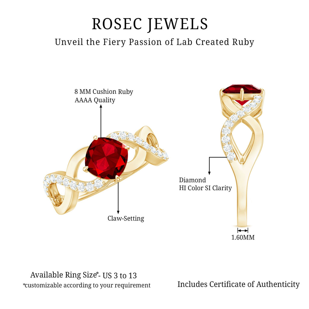 Cushion Cut Lab Grown Ruby and Diamond Crossover Engagement Ring