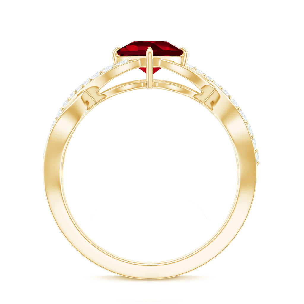Cushion Cut Lab Grown Ruby and Diamond Crossover Engagement Ring