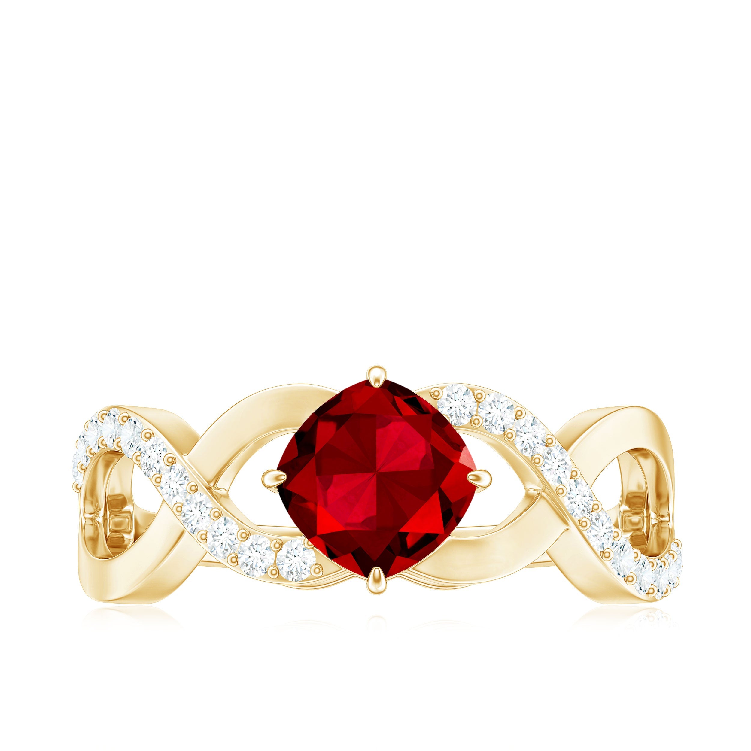 Cushion Cut Lab Grown Ruby and Diamond Crossover Engagement Ring