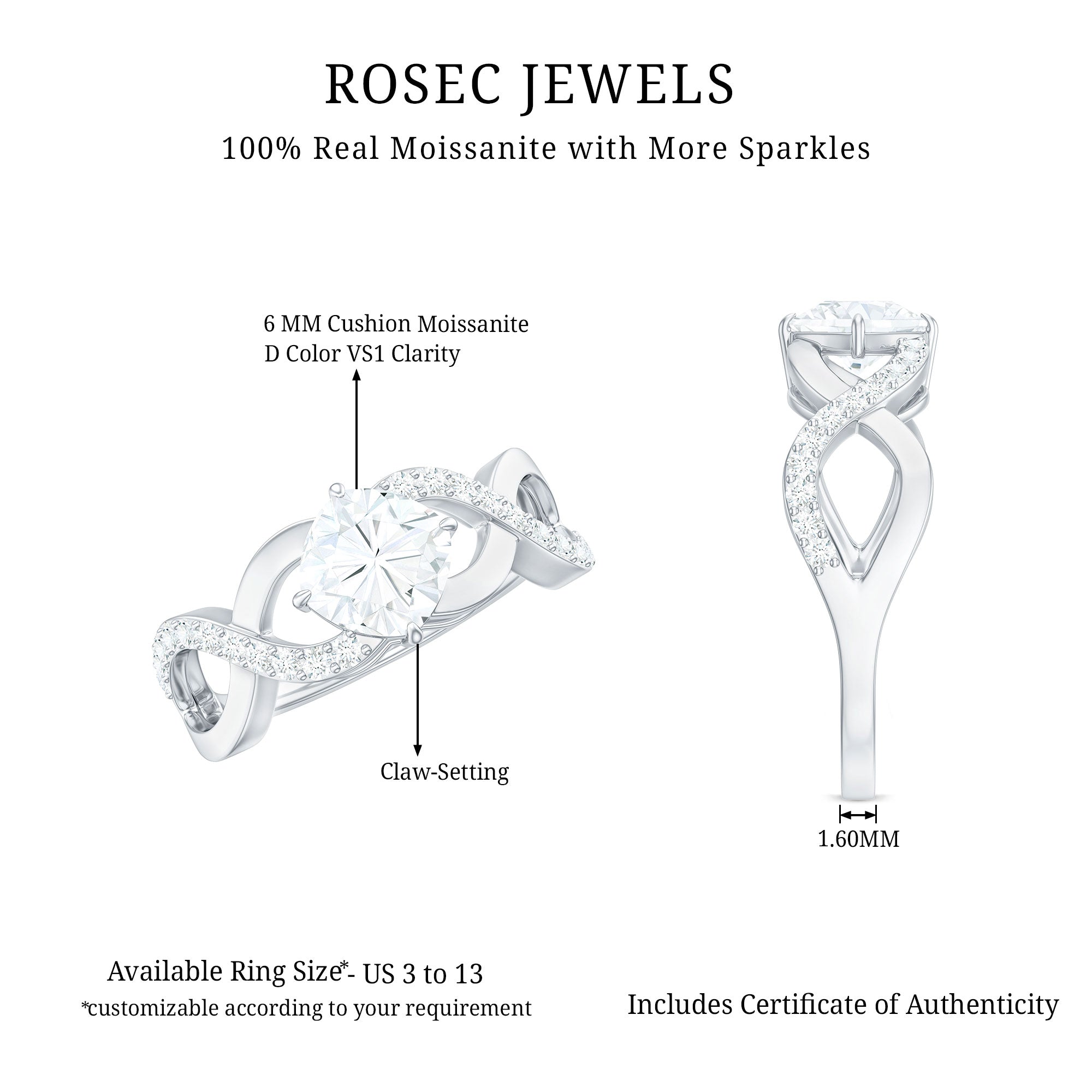 Cushion Cut Moissanite Infinity Band Engagement Ring